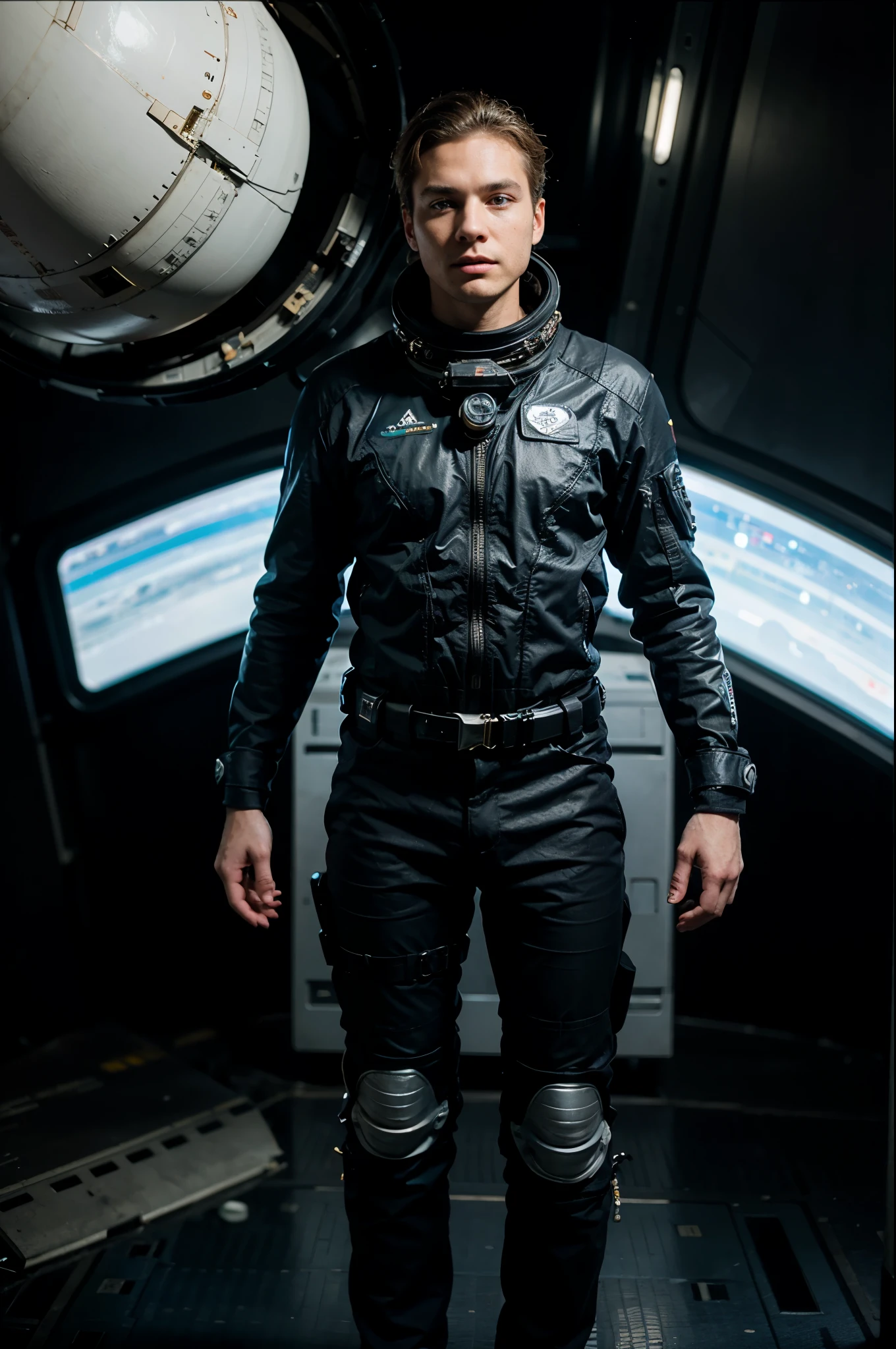 full body photo of a man, in space, futuristic space black suit, (freckles:0.8) man, sci-fi, dystopian, detailed eyes, blue eyes