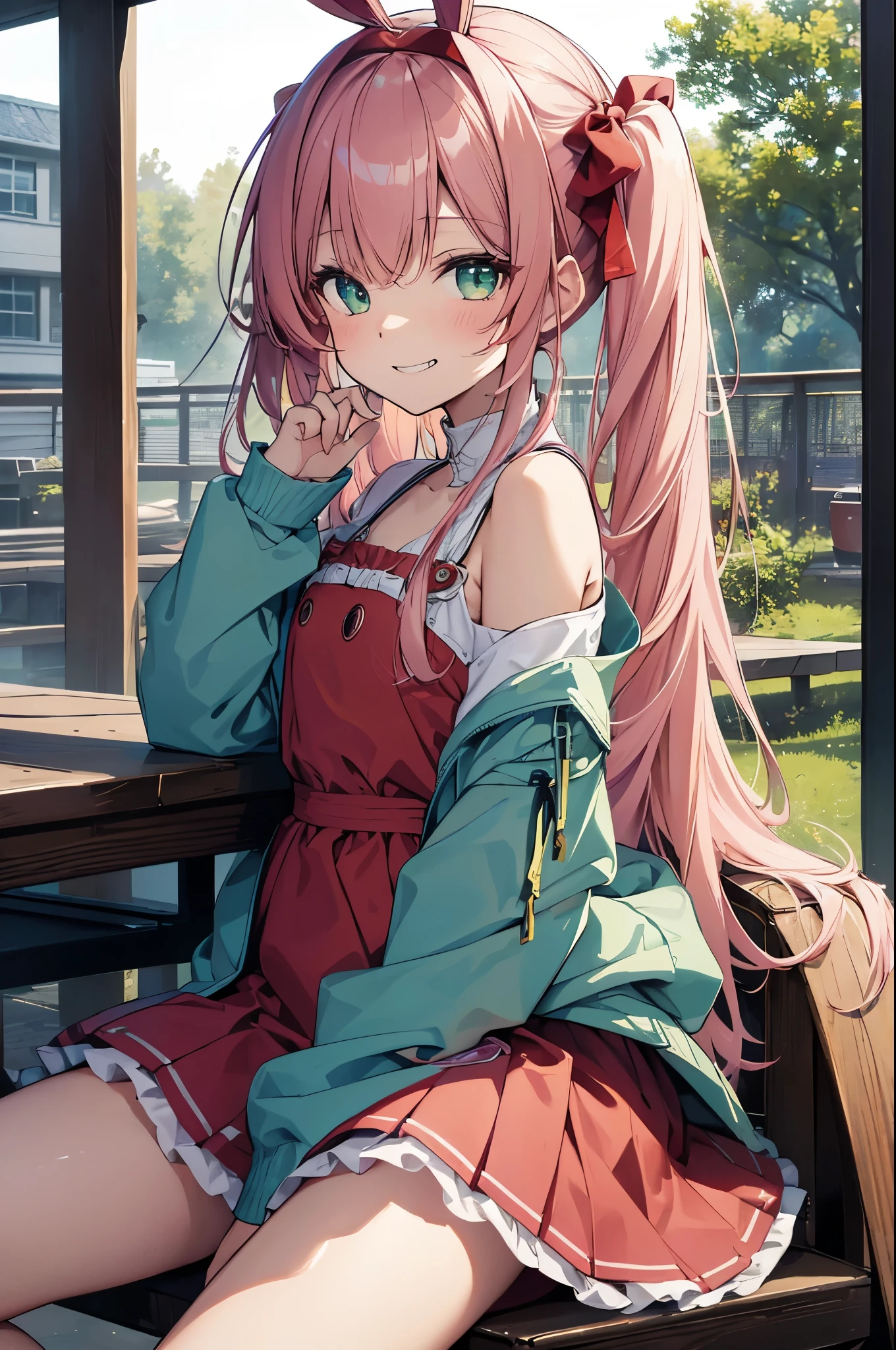top-quality,Top image quality,in 8K,4K,masterpiece,ultra-detailliert,Beautiful、ultra-quality, best quality,high resolution, ultra-detailed,game cg,dutch angle ,beautiful detailed eyes, visualart,five fingers, perfect hands,beautiful girl,BREAK,10歳くらいの童顔beautiful girl,('s body shape),(flat chest),long pink wavy hair, half twin tail,emerald green eyes,(Rabbit ear hair bands),(Red Bunny Girl Suit;1.5),fishing net,Chair of the Chair, raise your hand, Rest your elbows on the table, face palm, crossed legs ,grinning face, grin, stick out tongue