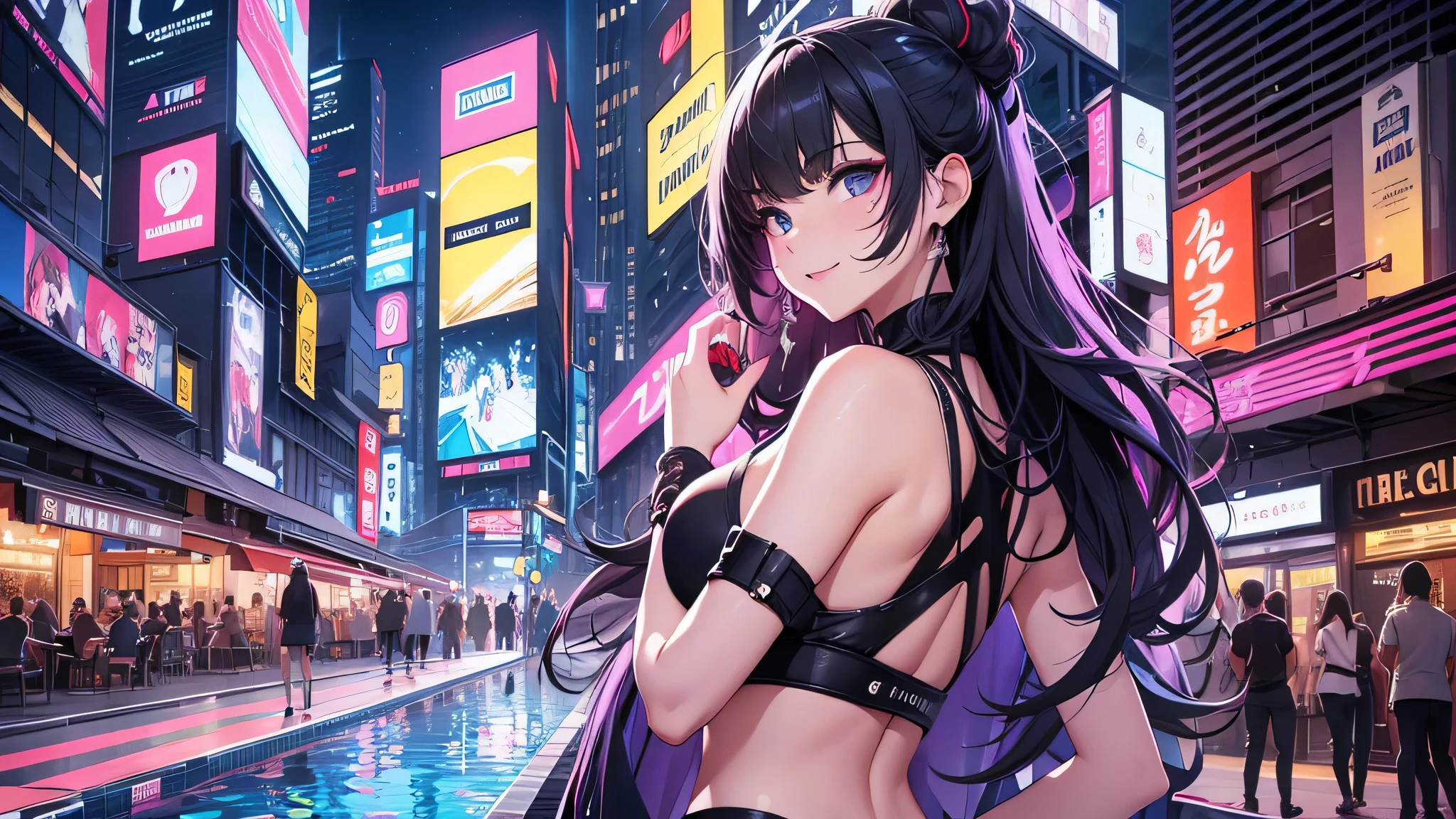 (Hinata Hyuga, Walking around the city, Very sensual, Older girls, In tight clothes, Cleavage, Big Ass, Thick legs, Training wear, Navel comes out, Long Hair, Rear speakers, Very realistic, View of the Cyberpunk City, Clearly defined lines, Neon Lights Very Sexy, 8k, 8k Very detailed), (Very delicate and beautiful), (masterpiece), (Better Quality: 1.0), (Ultra-high resolution:1.0), ((Synthwave Background Theme)),