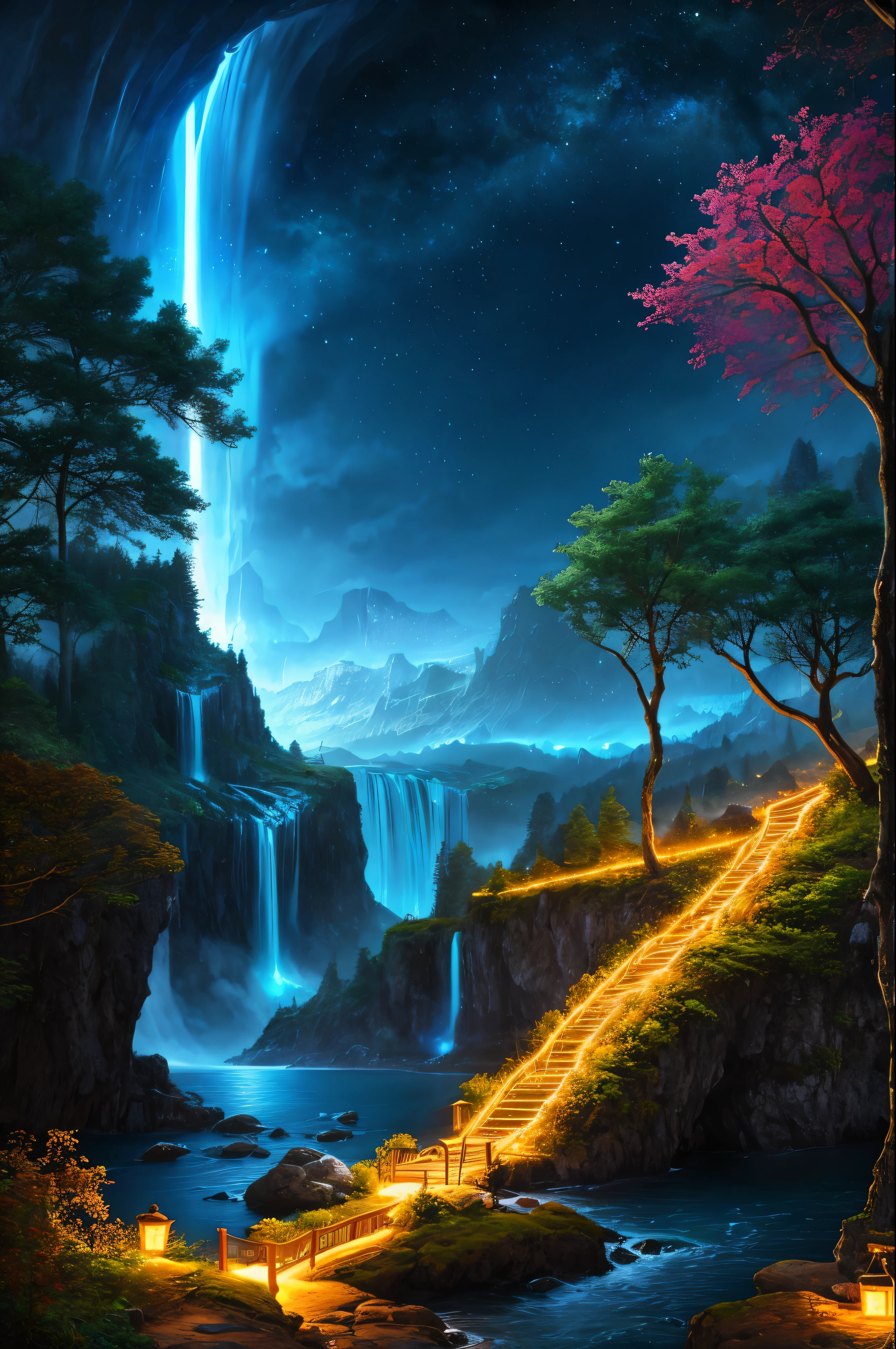 best quality, masterpiece, beautiful wild and natural fantasy landscape with glowing lights
