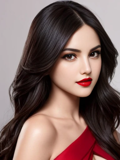 Eiza Gonzalez, pale skin, evil smile, large lips, black wavy hair, hot, thick brows, smokey eyes, red lips, red eyes, red sexy dress, magic, 11 years old, accessories