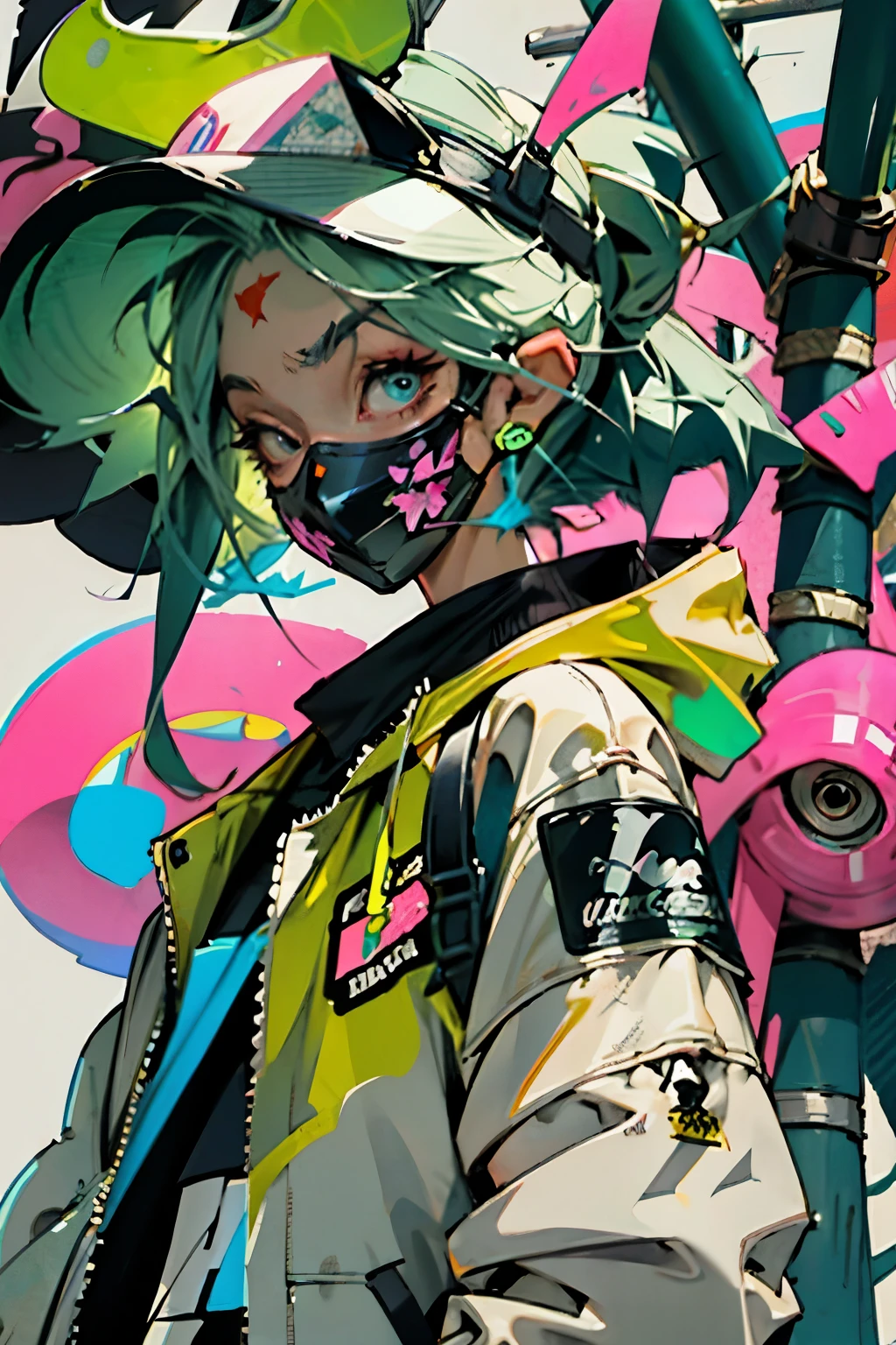 anime slim girl with a cap and a mask, thin face, holding a spray can, green messy hair, street background in neon pink and blue colors, stickers, smirk face, harley vibe, bad girl
