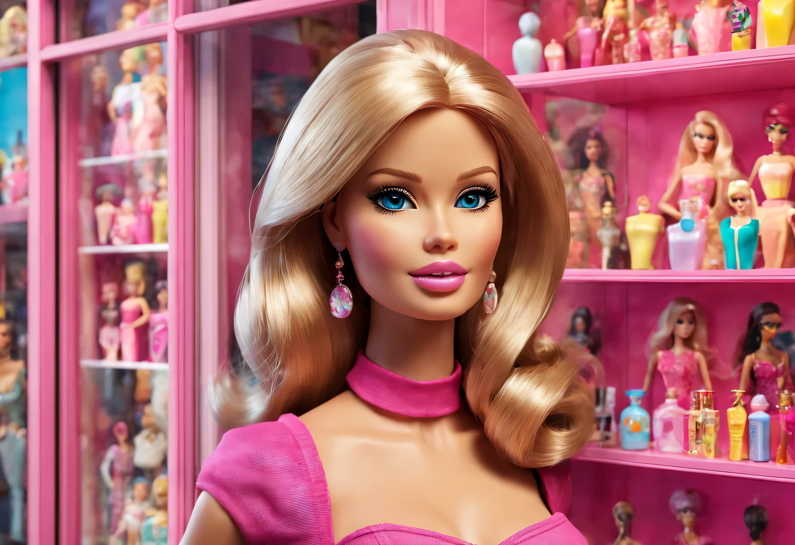 UHD, retina, masterpiece, ccurate, anatomically correct, textured skin, super detail, high details, high quality, award winning, best quality, highres, 16k，（scenography），（Barbie doll toy store window display），Distance photography，3D rendering，Pixar，Detailed details，super high quality