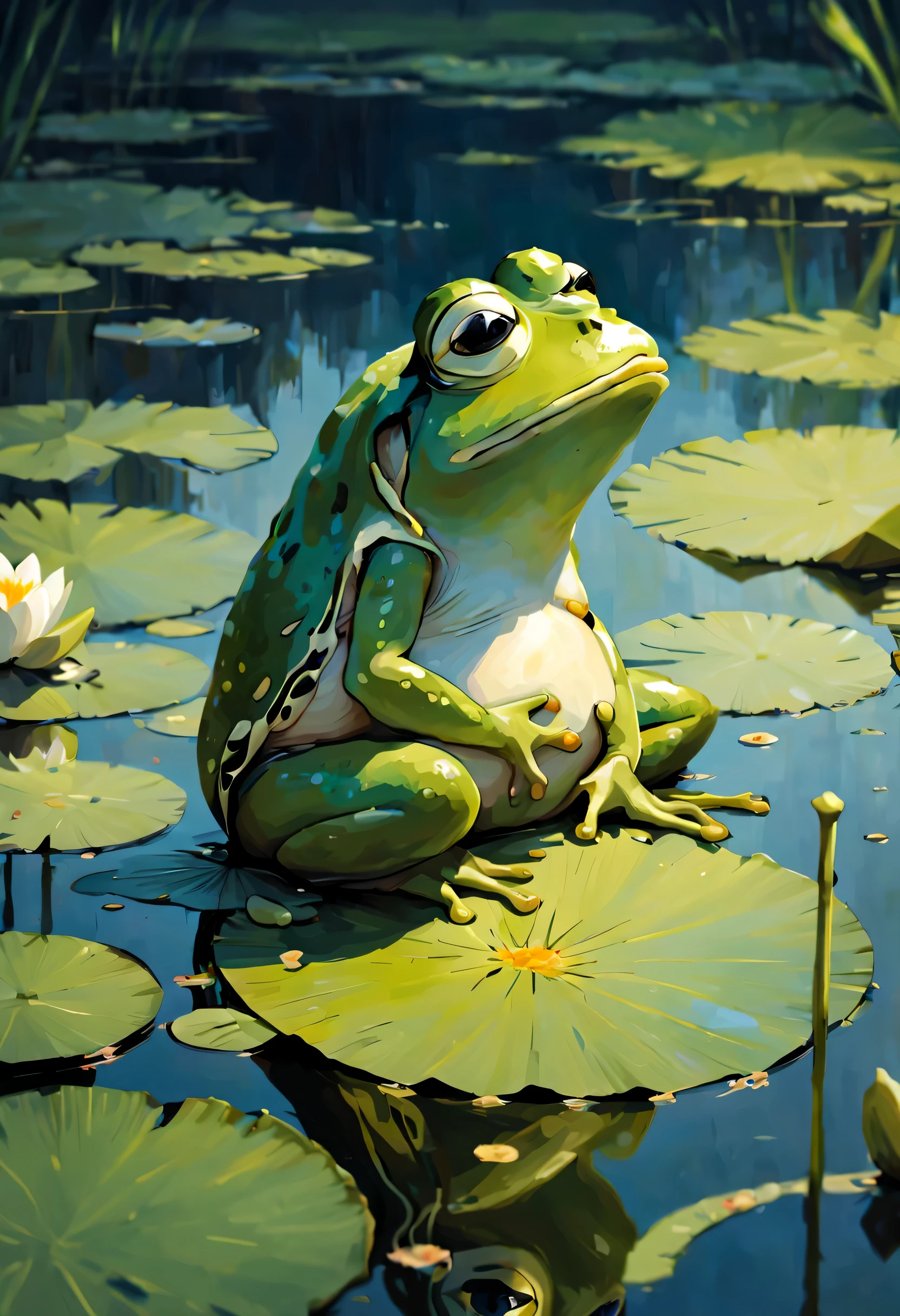 A frogs sitting on a water lily,(sad pepe_frogs:1.2),unhappy,whole body,swamp,View from the side,
(oil painting on canvas:0.1)、movie light、Jeremy Mann、dark lens、vegetable、bright spots、
best quality,high resolution,extreme details,Excellent composition,masterpiece,