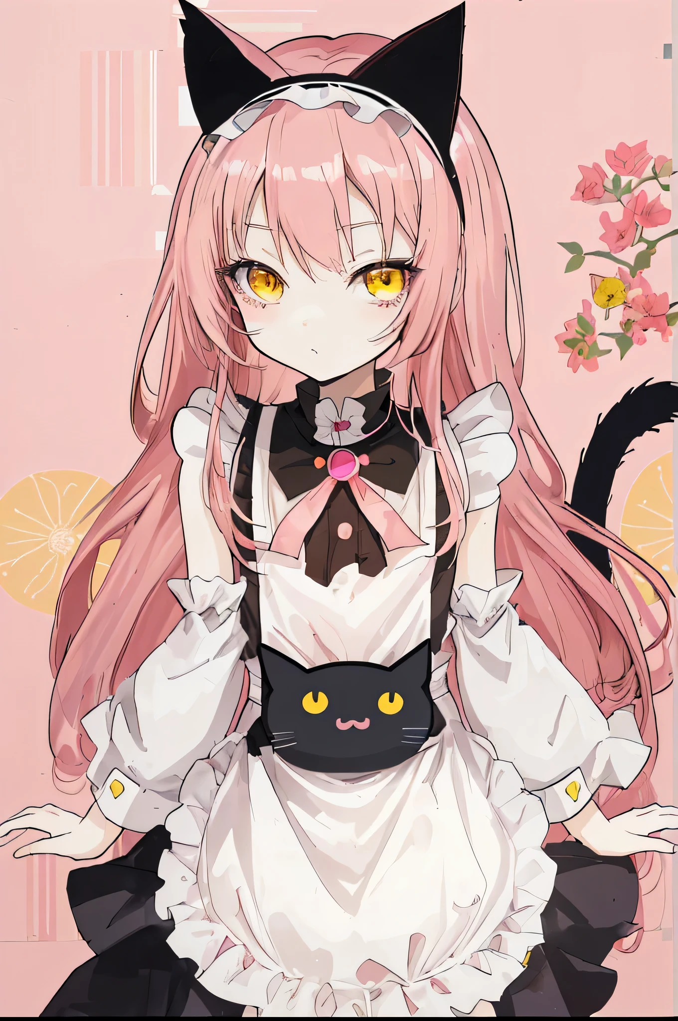 cute anime girl with long pink hair and yellow eyes, small chest size, loli short height, slim body, wearing white maid outfit and cat headband