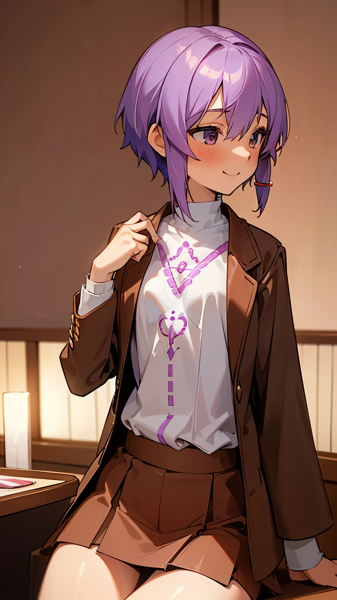 (highest quality、Super fine、real)、Energetic girl、solo、Yuitsuki Yukari、18-year-old、small breasts、slender body shape、profile、smile、blush、light purple hair、short hair、(hair between eyes) )、(white sweater with embroidery、brown leather blazer、red skirt)、Sit across from a table in a restaurant、bright background