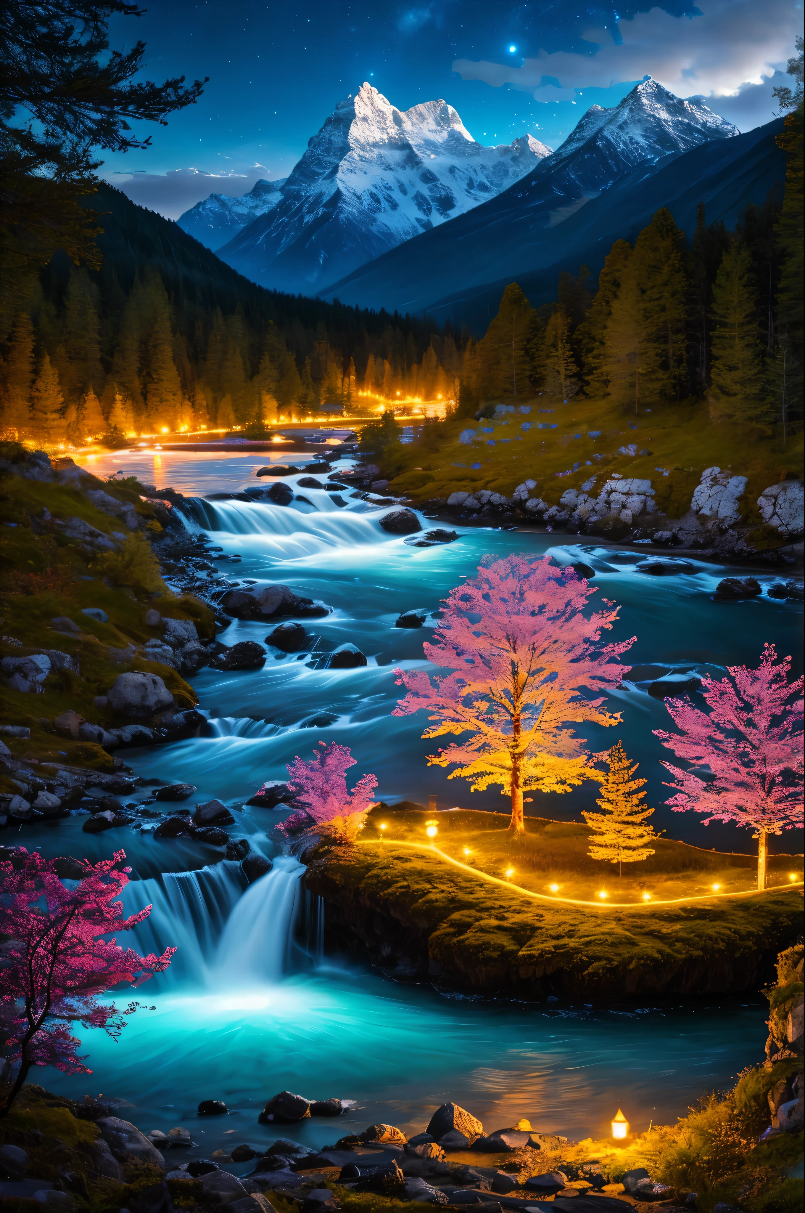 best quality, masterpiece, beautiful wild and natural fantasy landscape with glowing lights