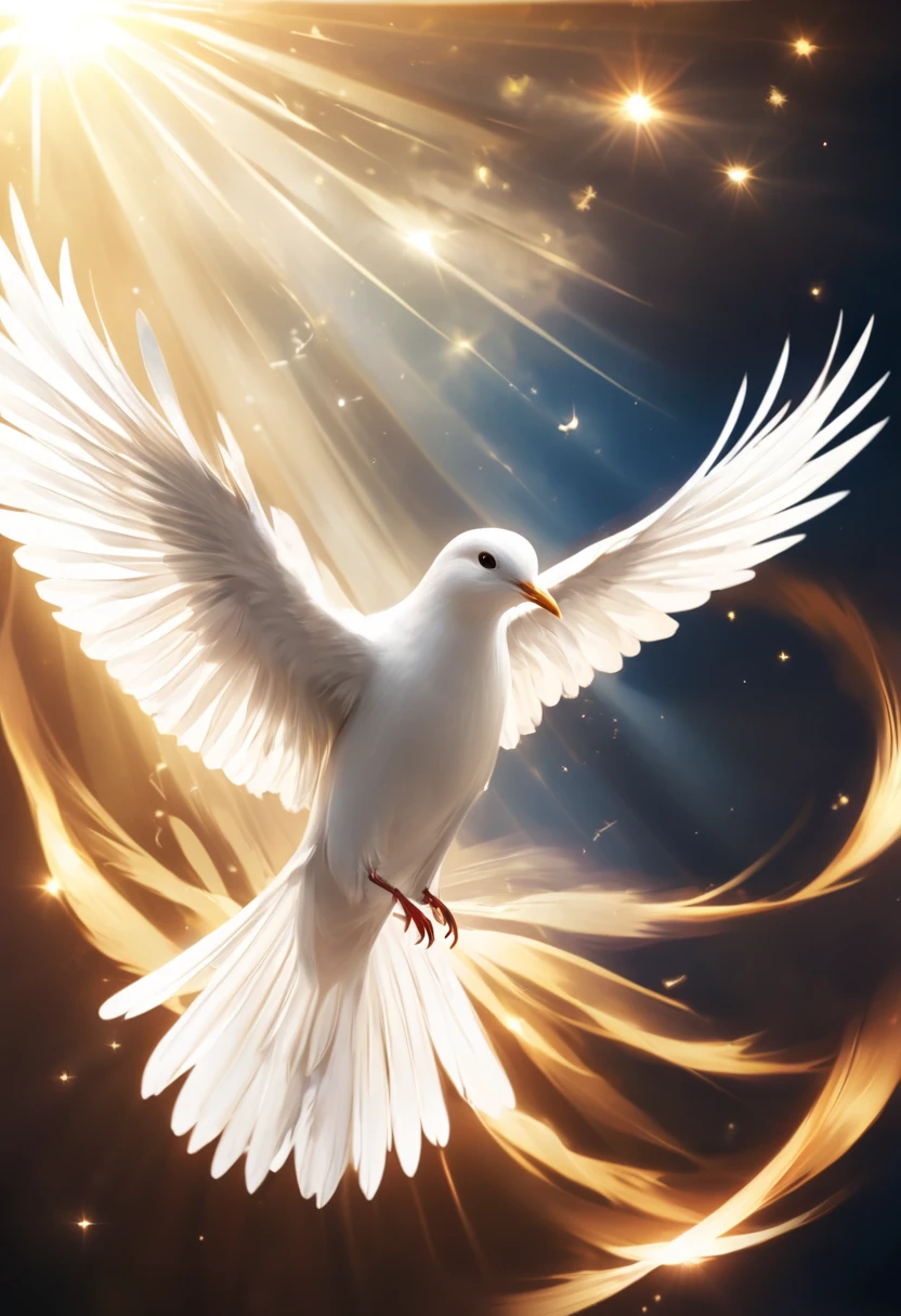 a white bird flying with a lot of God&#39;s light around it