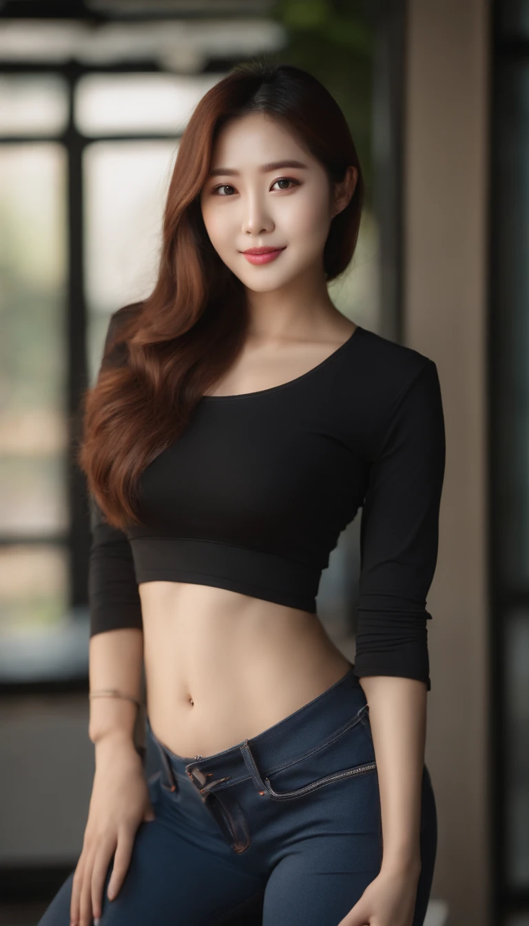 Three-point lighting,soft light,  beautiful korean woman，Korean girls have beautiful figures, pretty face, Wear skinny yoga pants, t-shirt, slim, smile for camera, posture, full-body shot，