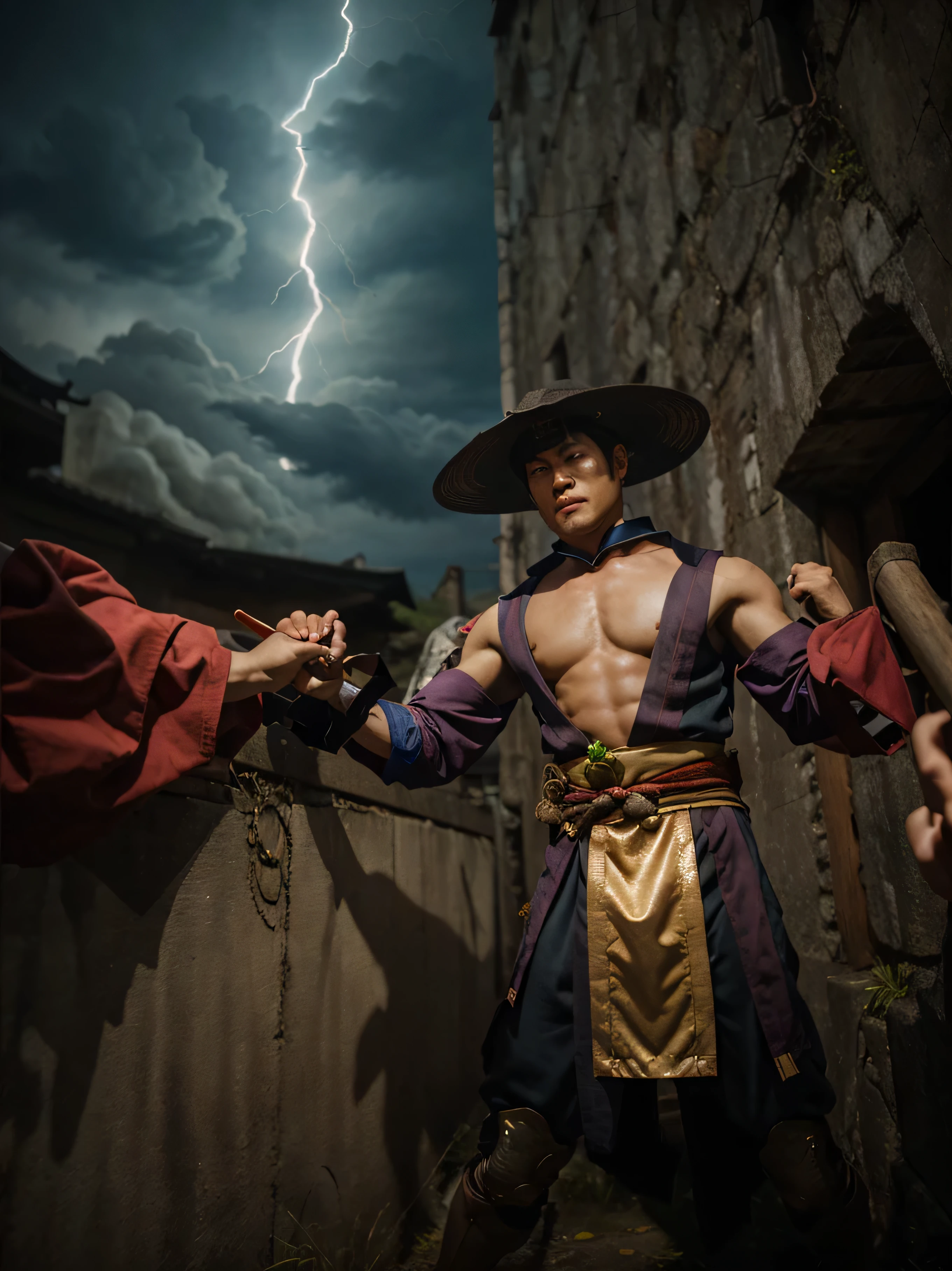 Lightning coming out of the hands, from the character's arms, Lightning in the hands, japan background scenery, feudal japan, lightning coming out of the character's hands, Raiden Mortal Kombat, character Raiden from mortal kombat.