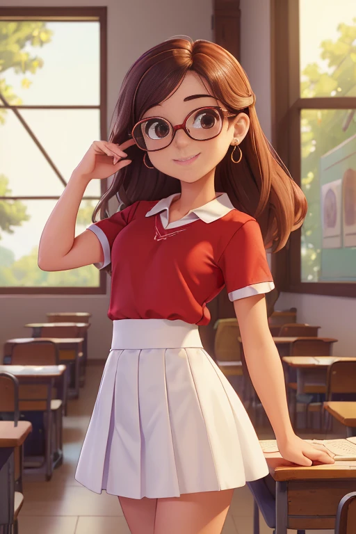 (small breasts:1.3),(masterpiece, best quality:1.4), (beautiful, aesthetic, Perfect, feeble, convoluted:1.2),((best quality)), ((masterpiece)), (detailed),(high resolution:1.2), classroom, female, Claudia Chever smiles, red shirt, White skirt, glasses, Slouch, angle of view,
