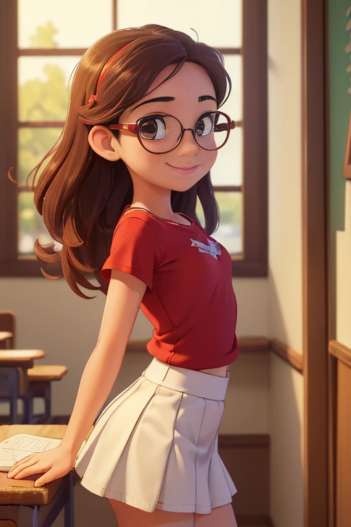 (small breasts:1.3),(masterpiece, best quality:1.4), (beautiful, aesthetic, Perfect, feeble, convoluted:1.2),((best quality)), ((masterpiece)), (detailed),(high resolution:1.2), classroom, female, Claudia Chever smiles, red shirt, White skirt, glasses, Slouch, angle of view,