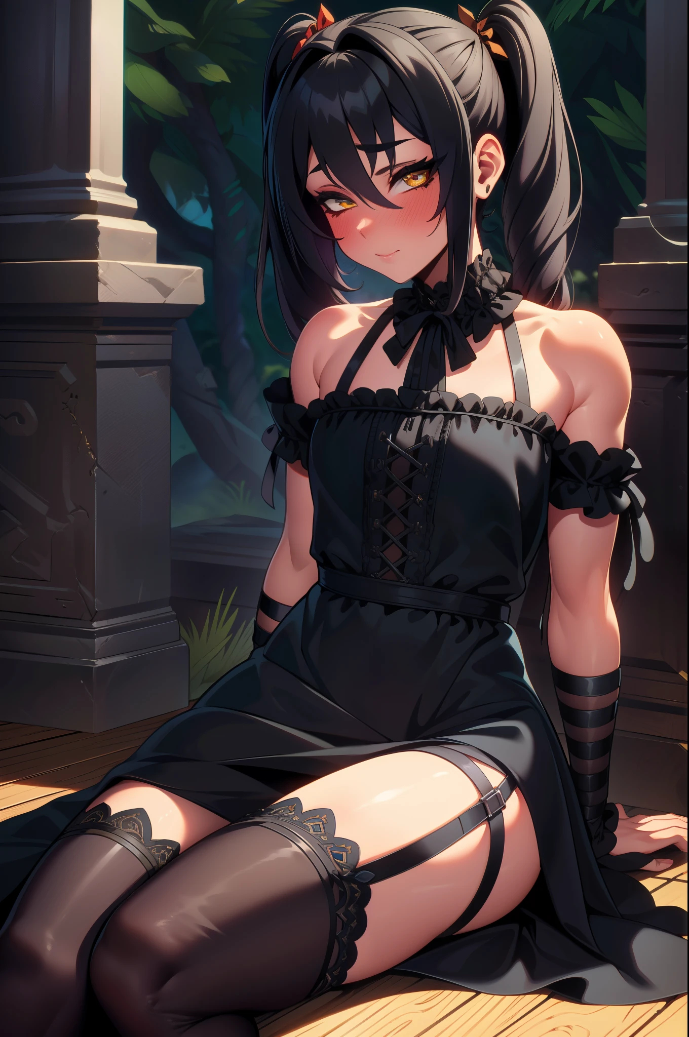 (extremely detailed CG unity 4k wallpaper),(masterpiece),(best quality),(ultra-detailed),(best illustration),(best shadow),(absurdres),(detailed background),Cute femboy, Long pigtails, Goth, Black eyeliner, Short gothic dress, Sitting, shy, blushing, black stocking, 