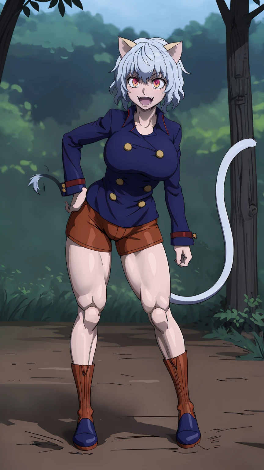 solo,open mouth,fangs,smile, Neferpitou,1girl,red eyes,cat ears, blue jacket,double-breasted, (nature:1.2),stading, full body, boots, huge breast, curvy, tall female,refsheet, cat tails,Neferpitou,1girl,red eyes,cat ears, blue jacket,double-breasted, (brown shorts:1.2),striped, brown socks,blue footwear, doll joints,(nature:1.2),solo,combat stance,lora:add_detail:1>,solo,open mouth,fangs,smile,