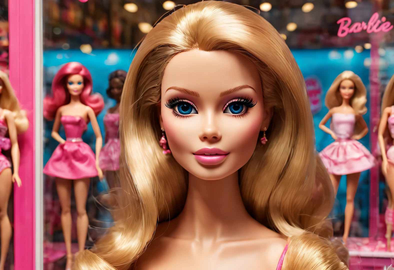 UHD, retina, masterpiece, ccurate, anatomically correct, textured skin, super detail, high details, high quality, award winning, best quality, highres, 16k,(scenography),(Barbie doll toy store window display),Distance photography,3D rendering,Pixar,Detailed details,super high quality