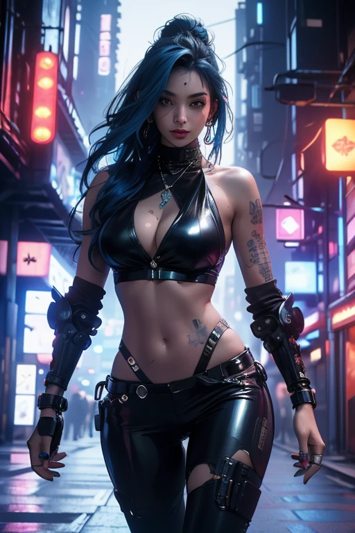 (best quality,4k,highres,masterpiece:1.2),ultra-detailed,realistic,sexy cyberpunk blue hair nerd girl in leather bikini,portraits,neon-lit,cityscape,glowing tattoos,laser guns,cybernetic enhancements,dystopian future,computer hacking skills,technological gadgets,dark alleyways,futuristic skyscrapers,defiant expression,fierce and confident attitude,multiple piercings,metallic accessories,vivid colors,ambient lighting,vibrant nightlife, big hips