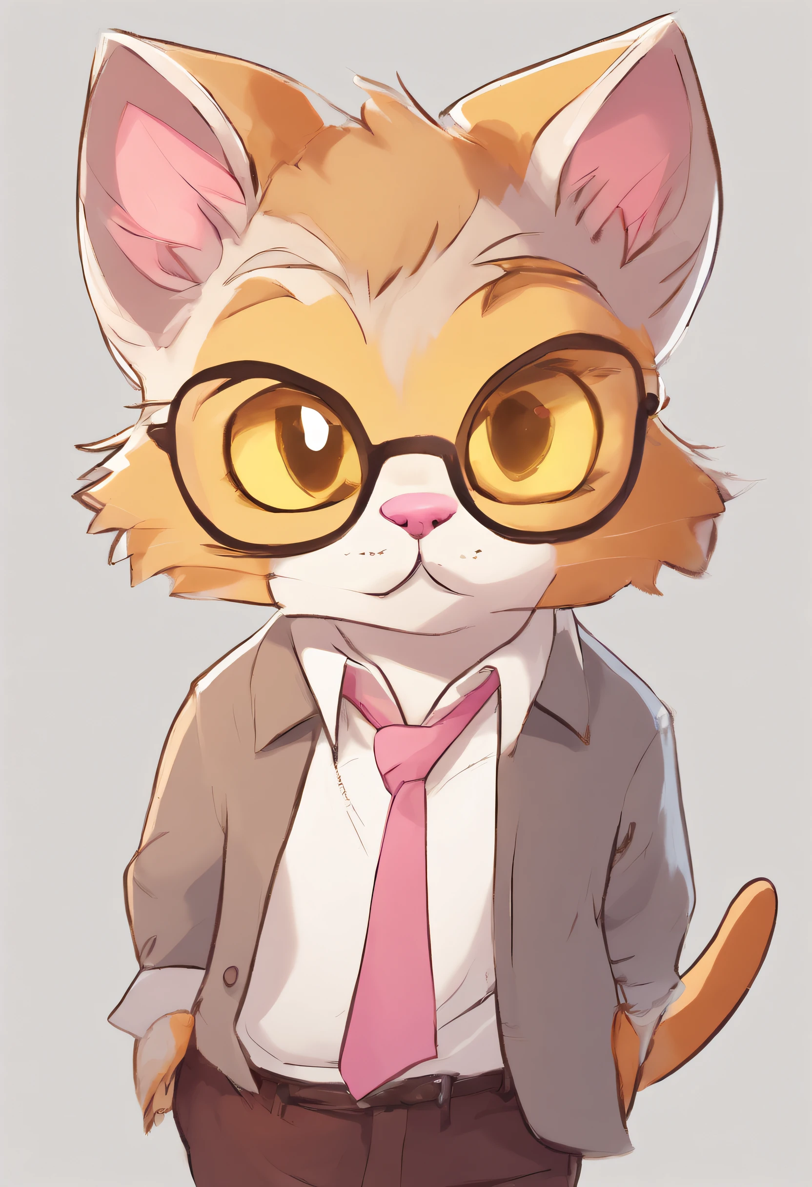 Anthropomorphic gray cat, Yellow cat's eye, tears in his ears, white shirt, Neutral brown jacket, Pink paw pads, soft expression, gentle smile