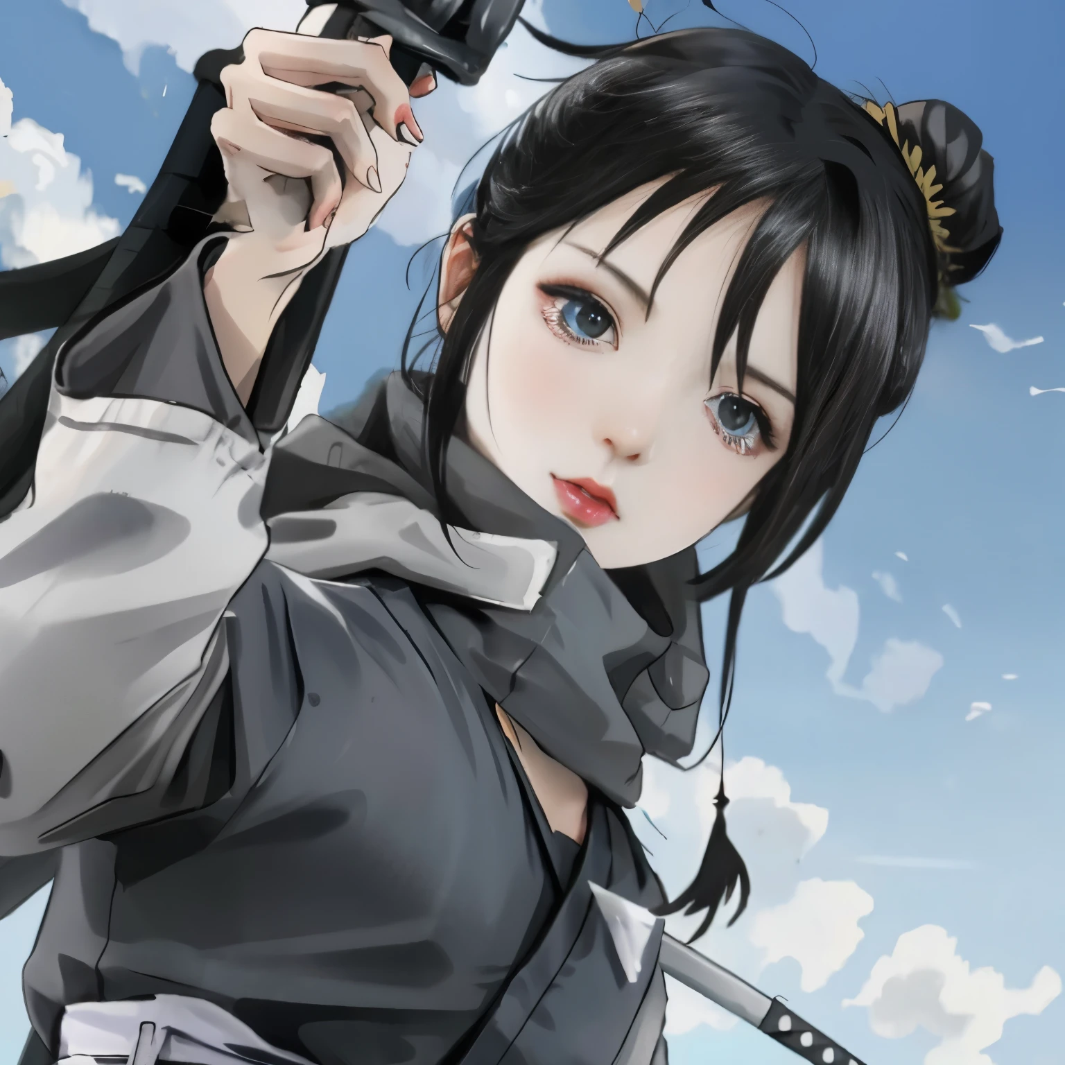 anime character holding a sword in a cloudy sky, kirito, from naruto, katanas strapped to her back, hinata hyuga, okata kazuto, kunoichi, as an anime character, nezuko, nezuko-chan, rin, mikasa ackerman, anime character, wielding kunai, female anime character, best anime character design， Lan Fang，long black hair，Fullmetal Alchemist，female killer，black hanfu，female ninja，Black clotheaid，黑色长发female killer，female retainer，黑发female ninja，long black hair女生，female warrior，woman samurai，female ninja，Beautiful girl，Girls with bun hair，Girls with bun hair，Girls with bun hair