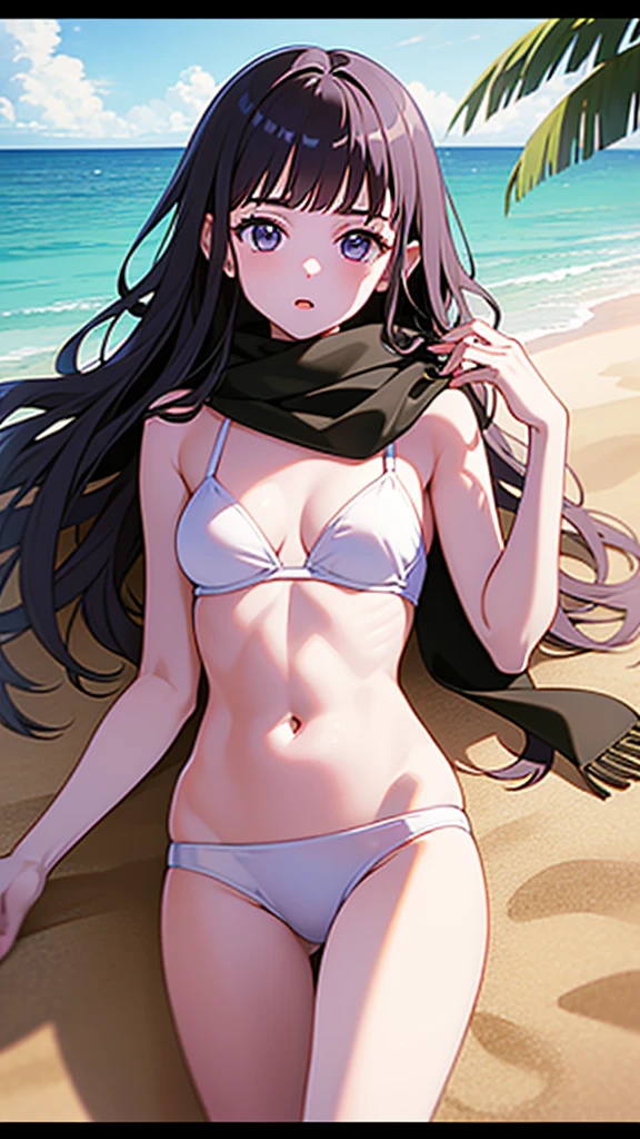 masterpiece, best quality, 1 solo girl, black hair, violet eyes, long hair, medium breasts, mature body and face, wavy hair, white bikini, scarf, beach, white sand, beach ball, summer, leg up, cowboy shots, detailed body, face, and eyes, sharp focus, vibrant, creative, dynamic, high definition, high resolution, 8k, (Upscale: R-ESRGAN 4x+ Anime6mage enchance:4x), voluptuous body, lying at the sand