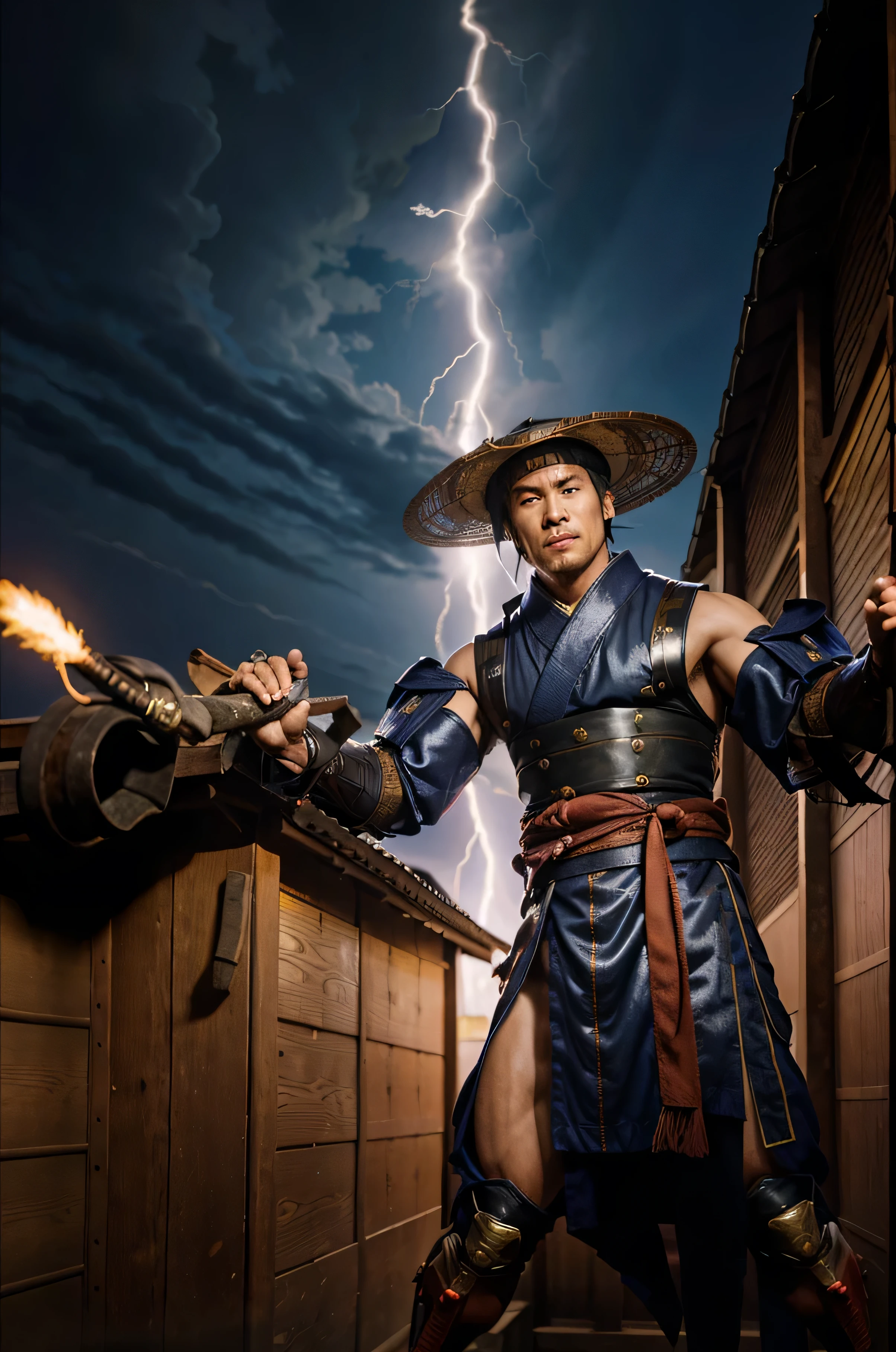 japan background scenery, feudal japan, lightning coming out of the character's hands, Raiden Mortal Kombat, character Raiden from mortal kombat.