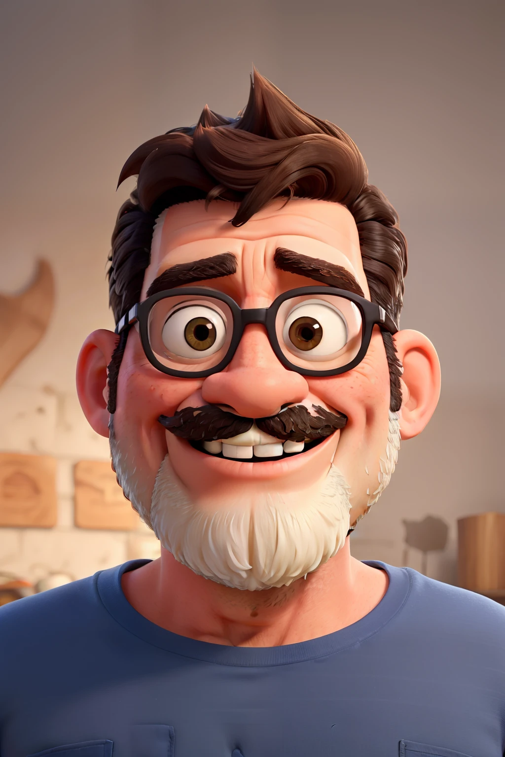 Um homem de 40 anos , barba grande grisalha , cabelo raspado grisalho , bigode com curva , camiseta preta, sorrindo