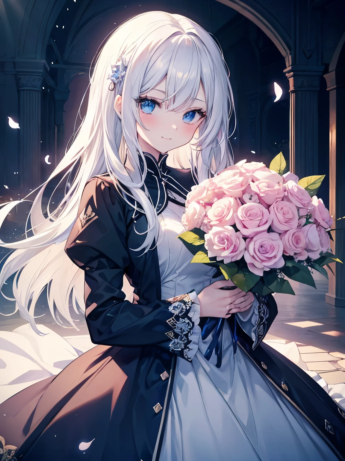 masutepiece, Highest Quality, (Perfect face:1.1), (high detailing:1.1), (ultradetailed eyes), Dramatic, superfine illustration, Extremely detailed, 1girl in, (pale skin), long white hair, Ethereal eyes, Blue eyes,tareme, (light eyebrow),blush,Solo,Smile, Happy, Laugh together,Enjoy, Pouty lips,Cinematic lighting, Looking at Viewer, Cowboy Shot,Long sleeve,holding a bouquet, long sleeve,blue princess dress, flower garden