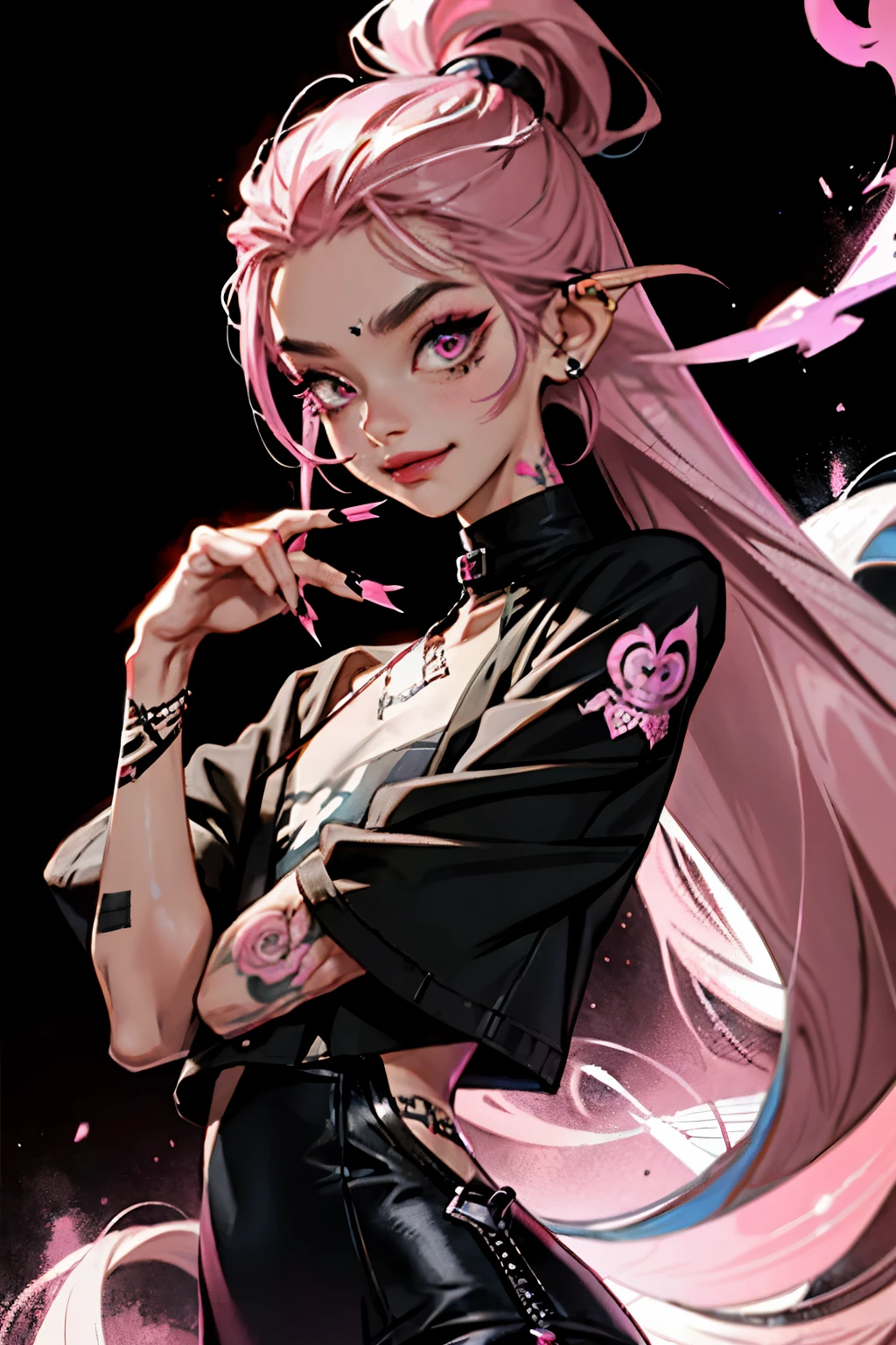 kpop girl with rizz smile face, bad ass, black,pink hair, tattoos on hands and neck, piercing, black mixed pink striped sweater, cool badass pose, smoke background ,jht,1boy, slightly long pointy thin fingernails