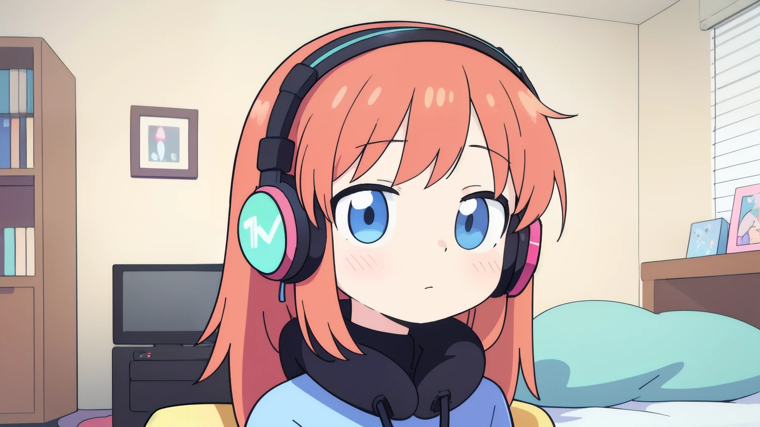 there is a woman sitting on the chair with headphones on her head listening to music, photo taken in the bedroom, digital anime illustration, portrait of Lofi , 4k anime style, girl wearing headphones on her head , Praise Artstyle, with headphones on her head, anime style. 8k, wearing headphones on head, anime illustration style, lofi girl, listening to music, headphones on head, high quality portrait, realistic art style, fanart girl, anime portrait style, cozy room, redhead
