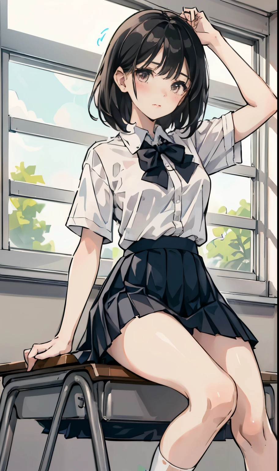 a girl with a skirt holding up her white socks above a bare ground, 1girl, underwear, solo, skirt, indoors, panties, classroom, school uniform, blush, desk, looking at viewer, short sleeves, pleated skirt, window, shirt, school desk, black hair, breasts