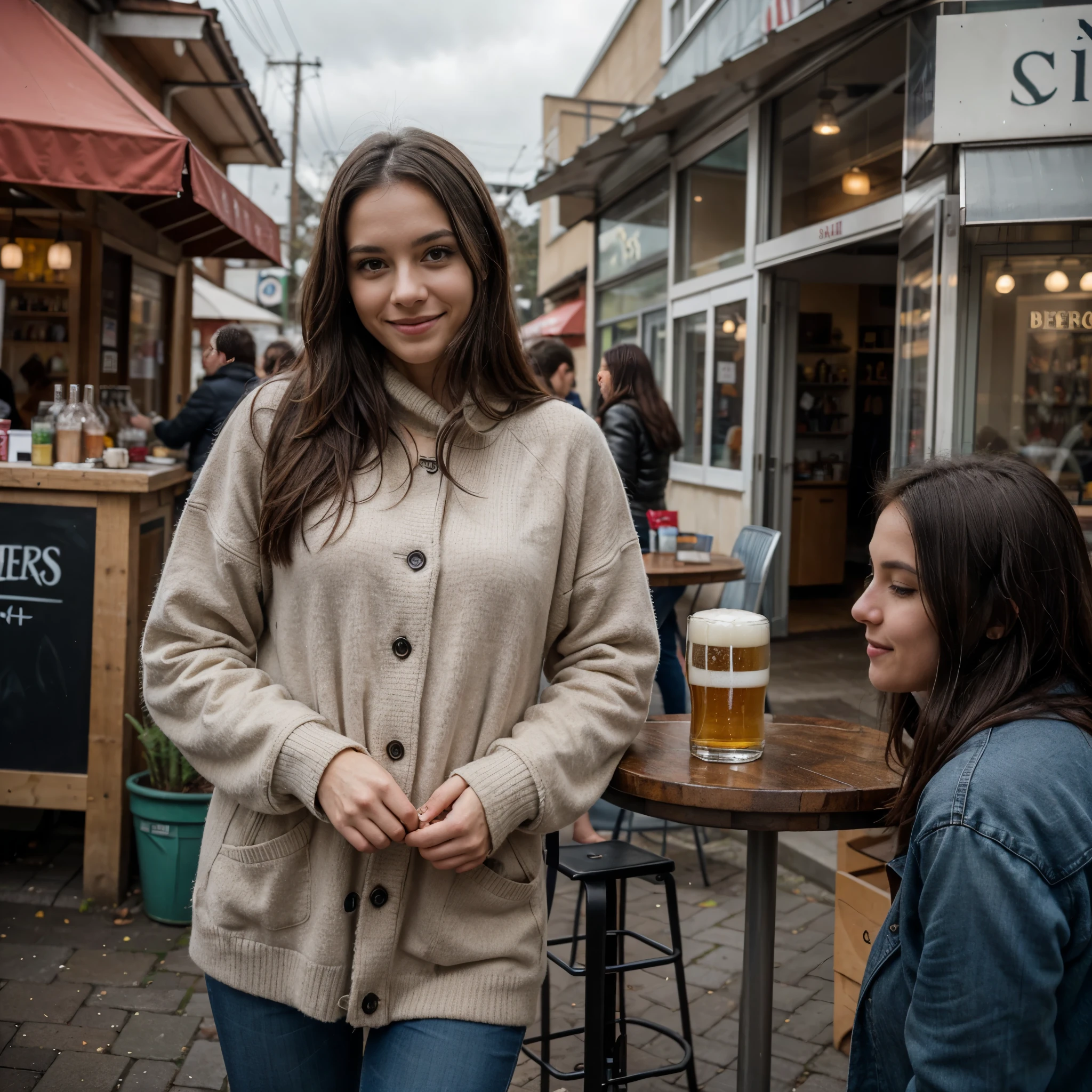 Visualize a scene set in Dortmund, Germany, on a grey, overcast afternoon in mid-January. Captured from a slightly elevated angle, as if taken by someone standing across the table, the image focuses on a woman in her 30s standing at a stand table outside a quaint kiosk. This woman, with her long, dark hair and medium build, MIDDLE SIZE BREAST, appears slightly inebriated but happy, her gaze fixed directly into the camera lens with a contented smile. She is dressed in a thick, woolen burgundy sweater and leather jacket and dark blue jeans, fitting seamlessly into the casual, urban setting. The photograph is taken with a high-resolution DSLR camera, The camera's depth of field is shallow, making the woman stand out sharply against a softly blurred background. This background features muted cityscape colors, with passersby bundled in winter attire and cars occasionally driving past the kiosk. The lighting in the photo is natural and soft, typical of a cloudy winter day, casting gentle shadows and lending the scene a relaxed, almost serene atmosphere. The overall image quality is crisp and vivid, with balanced contrast and a slightly warm color tone that adds a sense of coziness to the chilly outdoor setting. (She is alone in the image):1.6, street is consistant and natural, natural setting, masterpiece, high detailisation, sharp focus, UHD, 8k, Dortmud is on the background, not much going on, BEER ON THE TABLE symmetric normal glas.