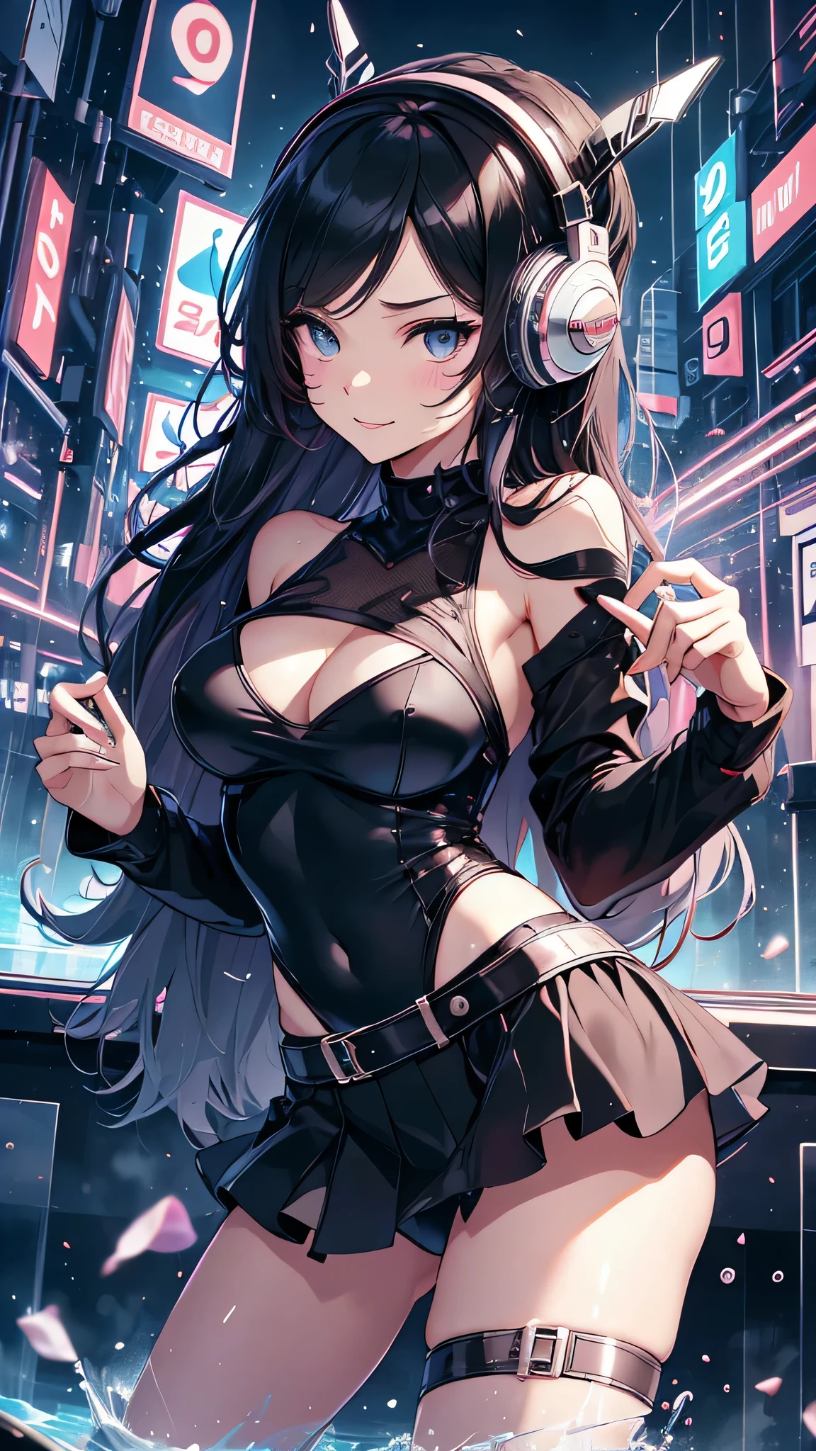 最high quality、best image quality、masterpiece、teenage girl((18-year-old、 by becoming、vest bust、medium bust,wide open breast tea、black eye, black hair、long hair、thin,highest valley、cute makeup、cyber tank top、Cyber Headphones、Cyber Skirt、best smile、leaning forward、blue face paint、Yellow face paint、pink body paint、fascination pose、black underwear)),high quality、beautiful art、background((nightbar、night club、night pool)),pieces fly、Depth of written boundary、movie、visual art、perfect art、
