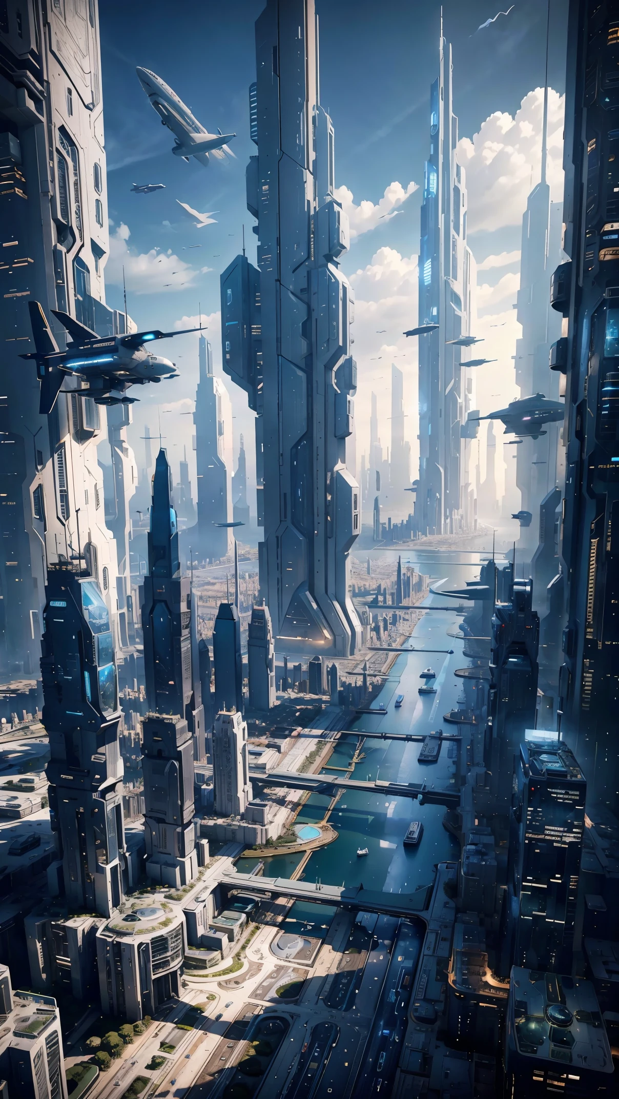 Future city seen from an airplane:1.5,port,flying spaceship,skyscraper,master piece,highest quality,ultra high resolution,(Super detailed:1.2),8K,photorealistic,best aesthetic,beautiful