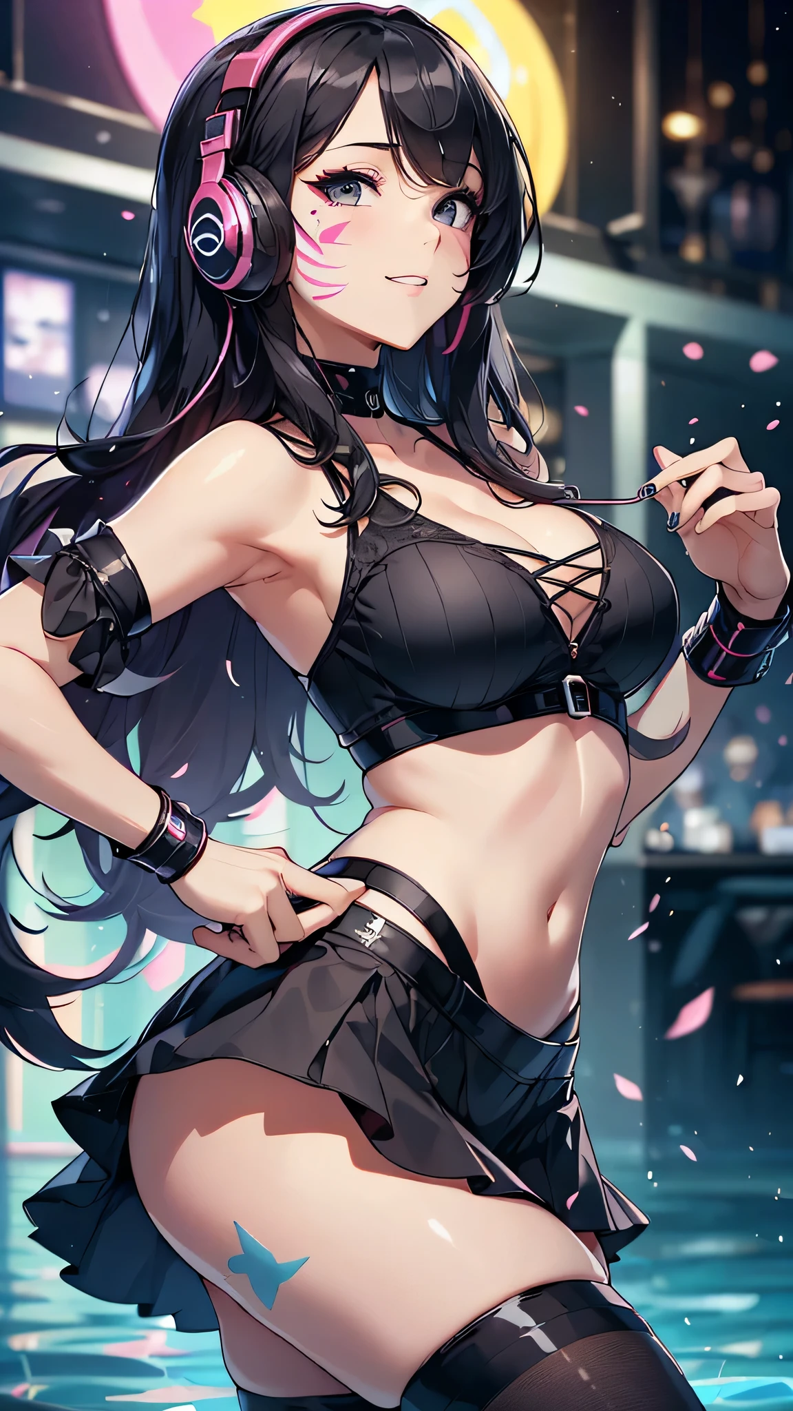 最high quality、best image quality、masterpiece、teenage girl((18-year-old、 by becoming、vest bust、medium bust,wide open breast tea、black eye, black hair、long hair、thin,highest valley、cute makeup、cyber tank top、Cyber Headphones、Cyber Skirt、best smile、leaning forward、blue face paint、Yellow face paint、pink body paint、fascination pose、black underwear)),high quality、beautiful art、background((nightbar、night club、night pool)),pieces fly、Depth of written boundary、movie、visual art、perfect art、