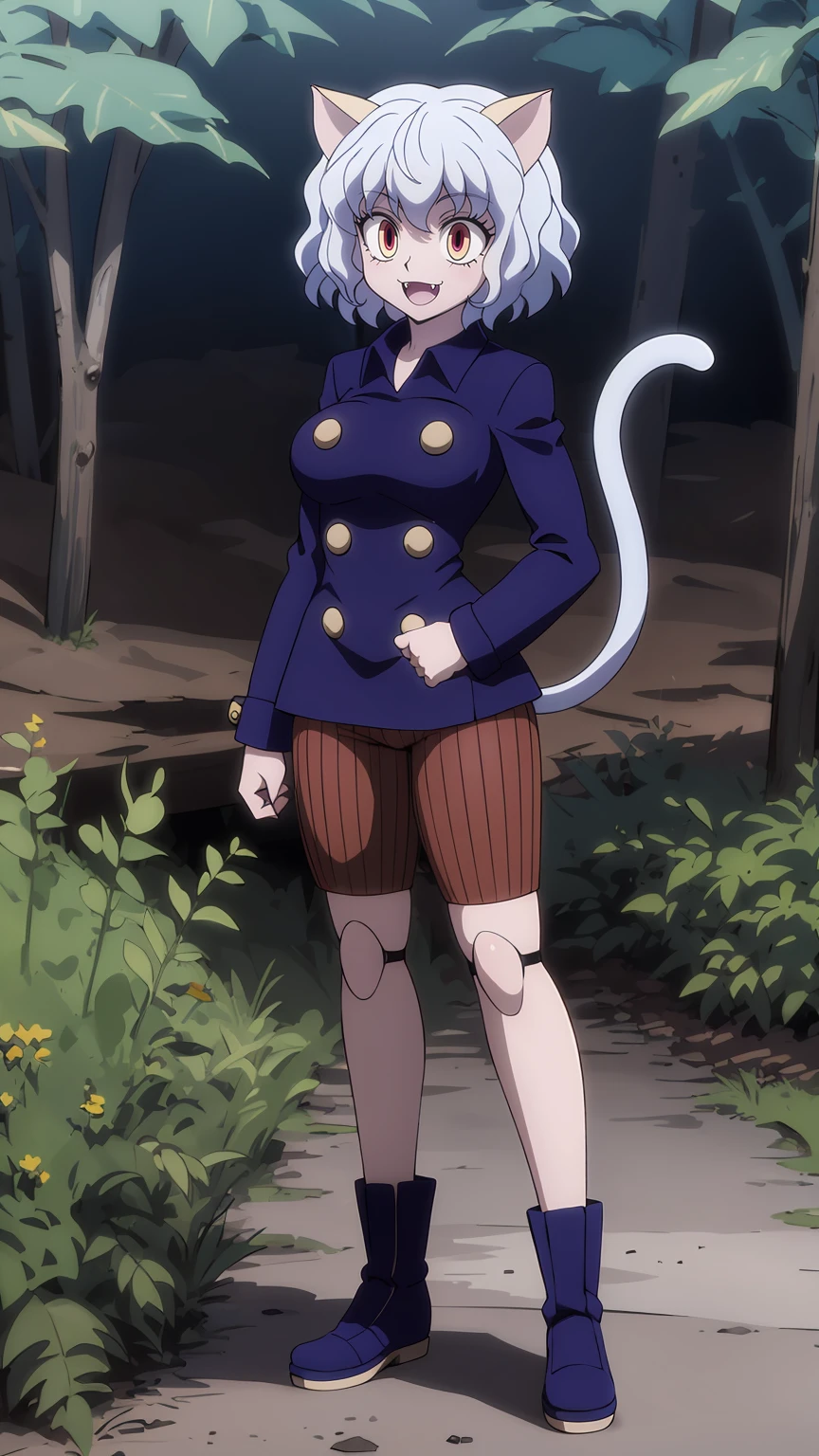 solo,open mouth,fangs,smile, Neferpitou,1girl,red eyes,cat ears, blue jacket,double-breasted, (nature:1.2),stading, full body, boots, huge breast, curvy, tall female,refsheet, cat tails,Neferpitou,1girl,red eyes,cat ears, blue jacket,double-breasted, (brown shorts:1.2),striped, brown socks,blue footwear, doll joints,(nature:1.2),solo,combat stance,lora:add_detail:1>,solo,open mouth,fangs,smile,