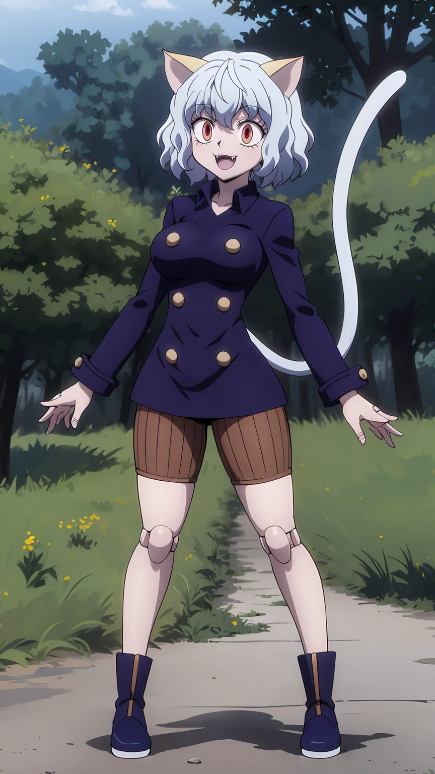 solo,open mouth,fangs,smile, Neferpitou,1girl,red eyes,cat ears, blue jacket,double-breasted, (nature:1.2),stading, full body, boots, huge breast, curvy, tall female,refsheet, cat tails,Neferpitou,1girl,red eyes,cat ears, blue jacket,double-breasted, (brown shorts:1.2),striped, brown socks,blue footwear, doll joints,(nature:1.2),solo,combat stance,lora:add_detail:1>,solo,open mouth,fangs,smile,