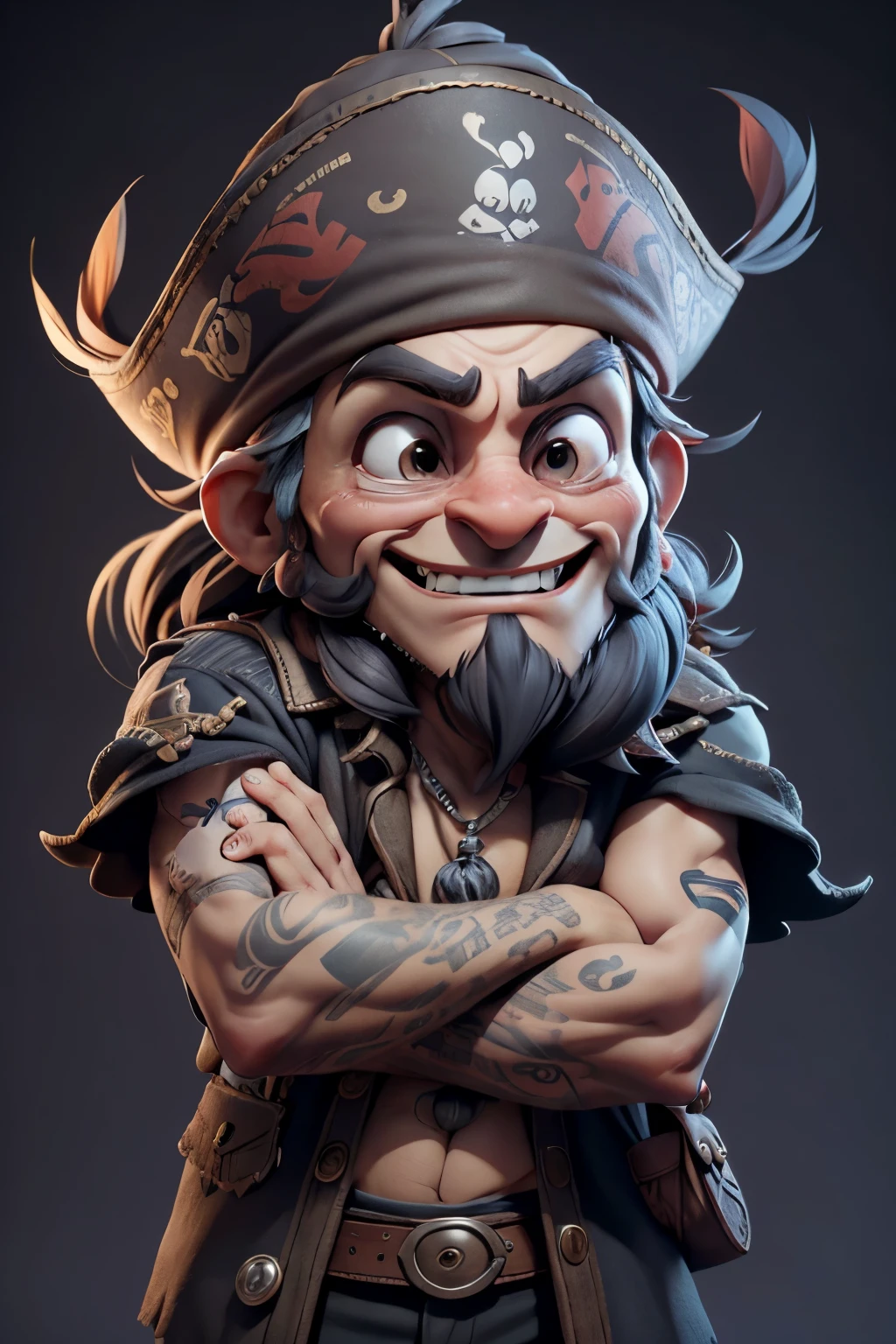Development of animated characters in the style of 3D Pixar, Different facial expressions of a cheerful old pirate 100 years old, wearing a very wide hat with feathers, tattoo on the arm, Character Sheet, Drawing, Реалистичный 3D-рендеринг, high resolution texture, dramatic lighting, Expressive Caricature, Different facial expressions with a smirk, dramatic, A Rich Perspective. a closeup of a.