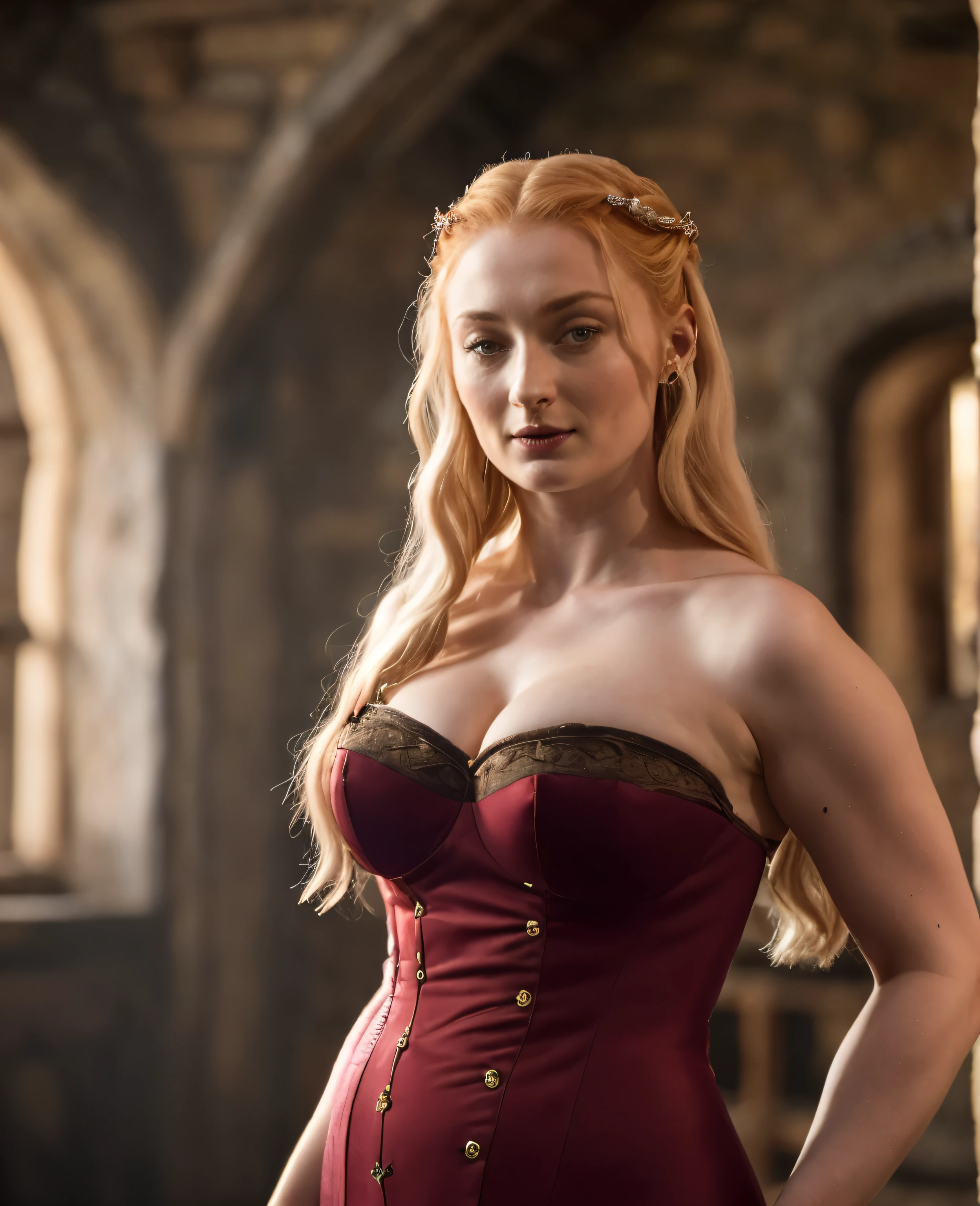 Sophie Turner, the de facto Lady of the Eyrie, is a 40-year-old mature queen with a stunning, alluring appearance. Full Face, reddish lips, upper body shot, erotic Mediaeval costumes, game of thrones costumes, She wears a Game of Thrones-inspired costume and has a deep cleavage, a perfect thick body, and a perfect thick figure. The photograph captures her in a close-up, with her skin texture and facial features being ultra-realistic and realistic.