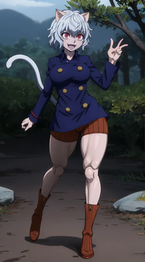 solo,open mouth,fangs,smile, Neferpitou,1girl,red eyes,cat ears, blue jacket,double-breasted, (nature:1.2),stading, full body, boots, huge breast, curvy, tall female,refsheet, cat tails,Neferpitou,1girl,red eyes,cat ears, blue jacket,double-breasted, (brown shorts:1.2),striped, brown socks,blue footwear, doll joints,(nature:1.2),solo,combat stance,lora:add_detail:1>,solo,open mouth,fangs,smile,