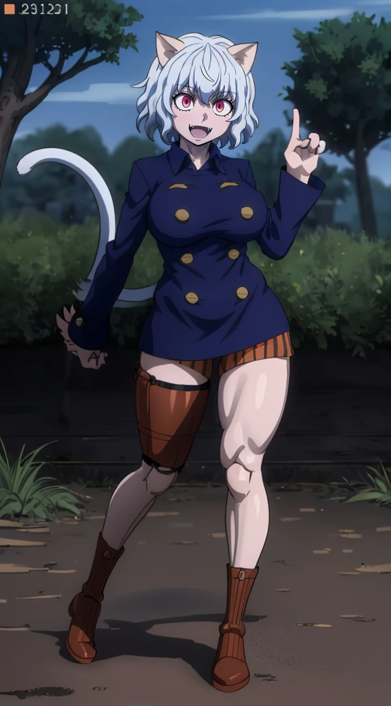 solo,open mouth,fangs,smile, Neferpitou,1girl,red eyes,cat ears, blue jacket,double-breasted, (nature:1.2),stading, full body, boots, huge breast, curvy, tall female,refsheet, cat tails,Neferpitou,1girl,red eyes,cat ears, blue jacket,double-breasted, (brown shorts:1.2),striped, brown socks,blue footwear, doll joints,(nature:1.2),solo,combat stance,lora:add_detail:1>,solo,open mouth,fangs,smile,