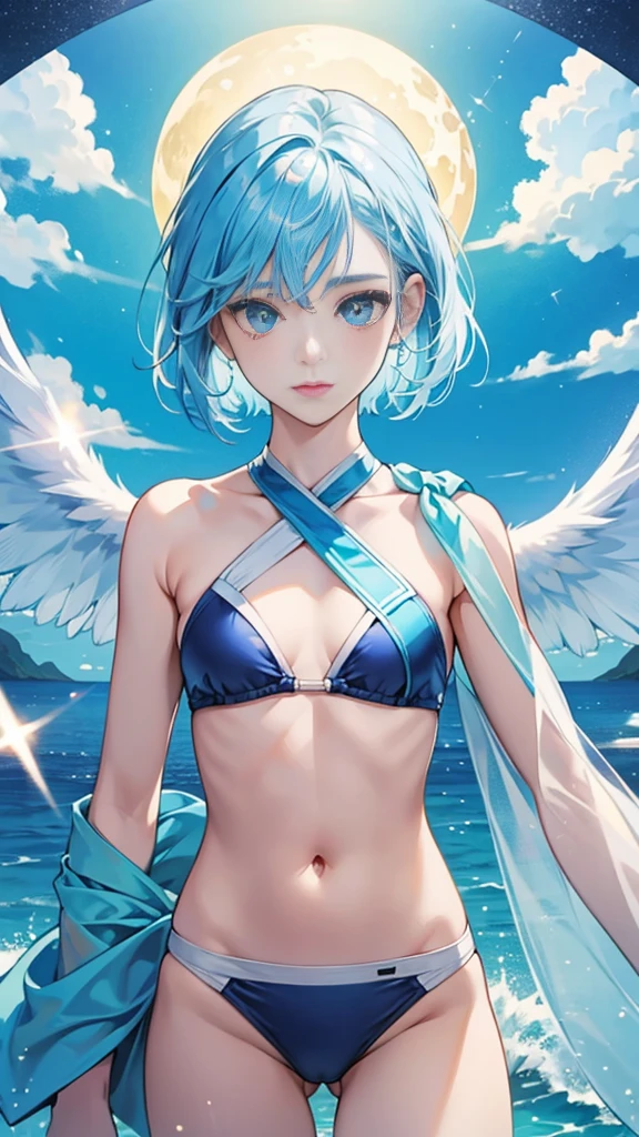 best image quality、highest quality、8K、Upper body、swimsuit、thighs、light blue hair、bob hair、blue eyes、starry sky、beautiful eyes、stomach、Navel、white wings grow、