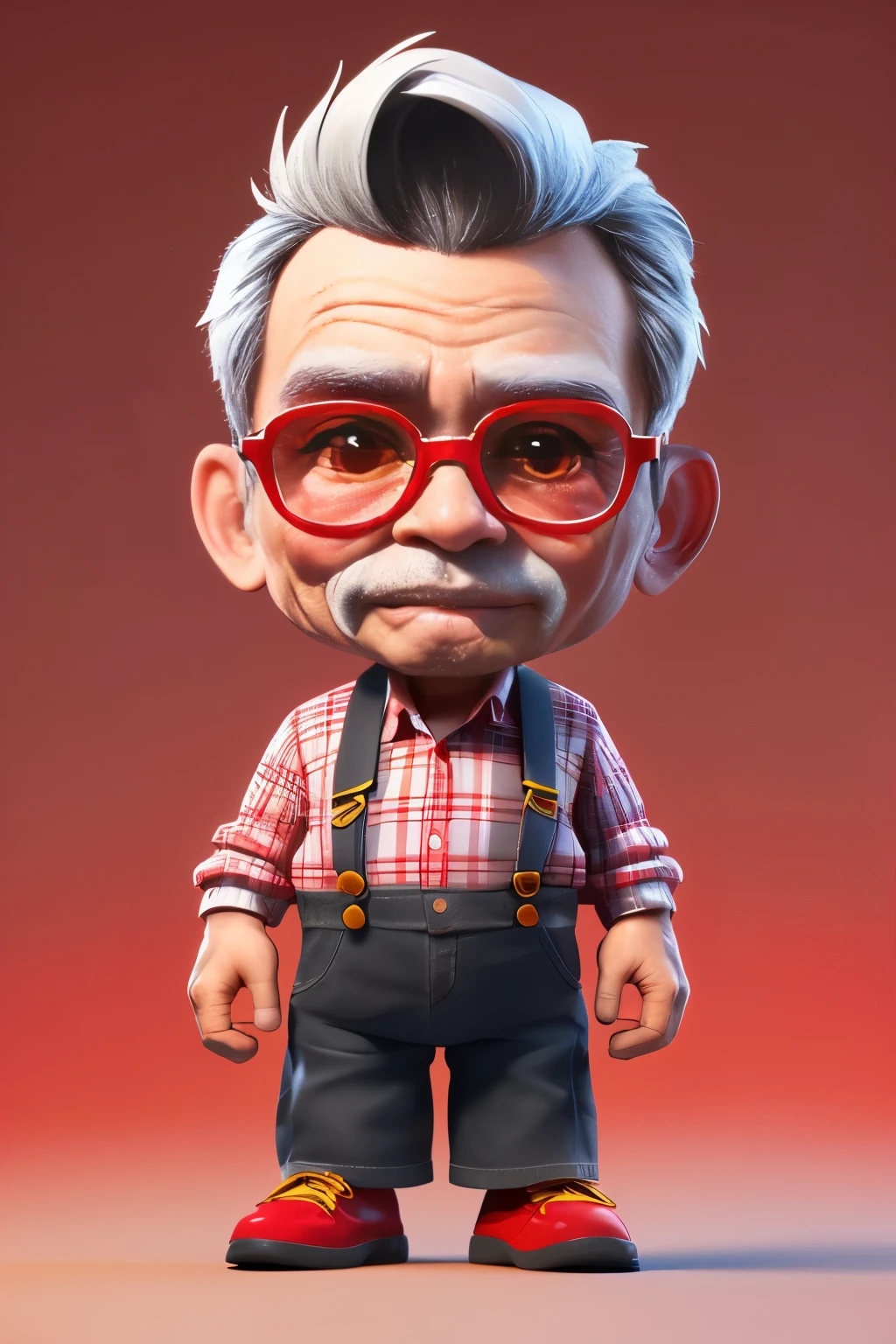 3D character,(1 man, wrinkled face, old man:1.2),   __eyeの色__ eye, dark gray__hair men__, (whole body:1.2),plaid shirt, overall background, masterpiece,highest quality,(bright red gradient background:1.1)