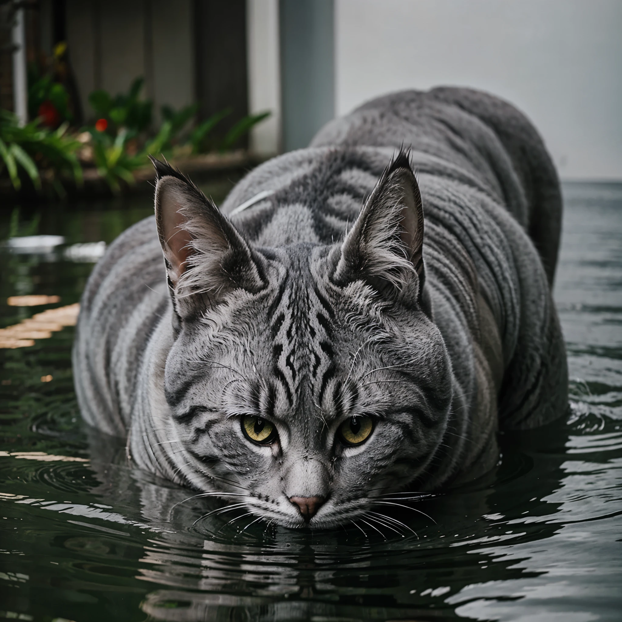 gray cat with red eye in water