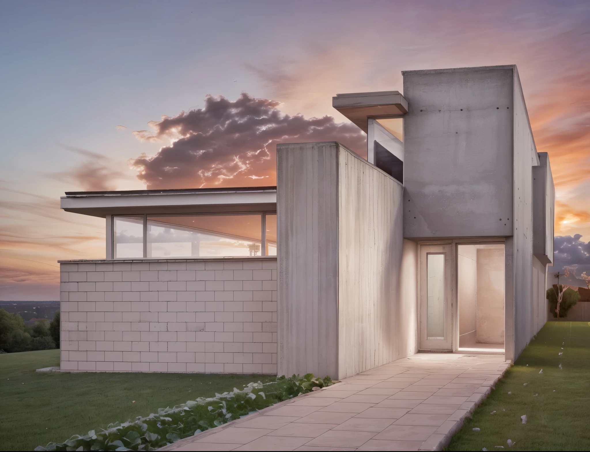 exterior of house, modern style, brick wall, concrete wall, nice landscape, morning sunrise, beautiful sky, few cloud