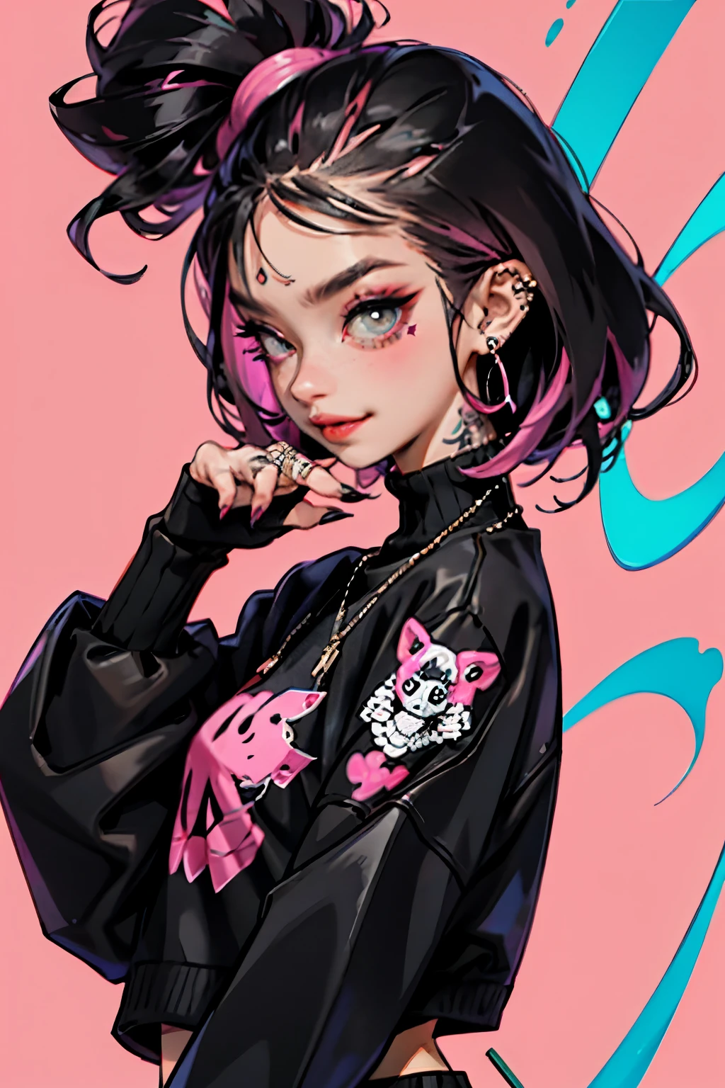 kpop girl with rizz smile face, bad ass, black,pink hair, tattoos on hands and neck, piercing, black mixed pink striped sweater, cool badass pose, smoke background ,jht,1boy, slightly long pointy thin fingernails
