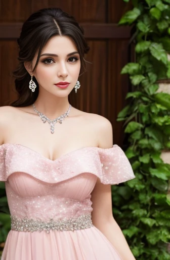 Lebanese woman, diamond dangling earrings, necklace, bracelets, small breasts, 40 years old, smokey eyes, cleavages, red lips, innocent face, pink fashion strapless ball gown, stylish hairstyle, posing, modeling, off-shoulder
