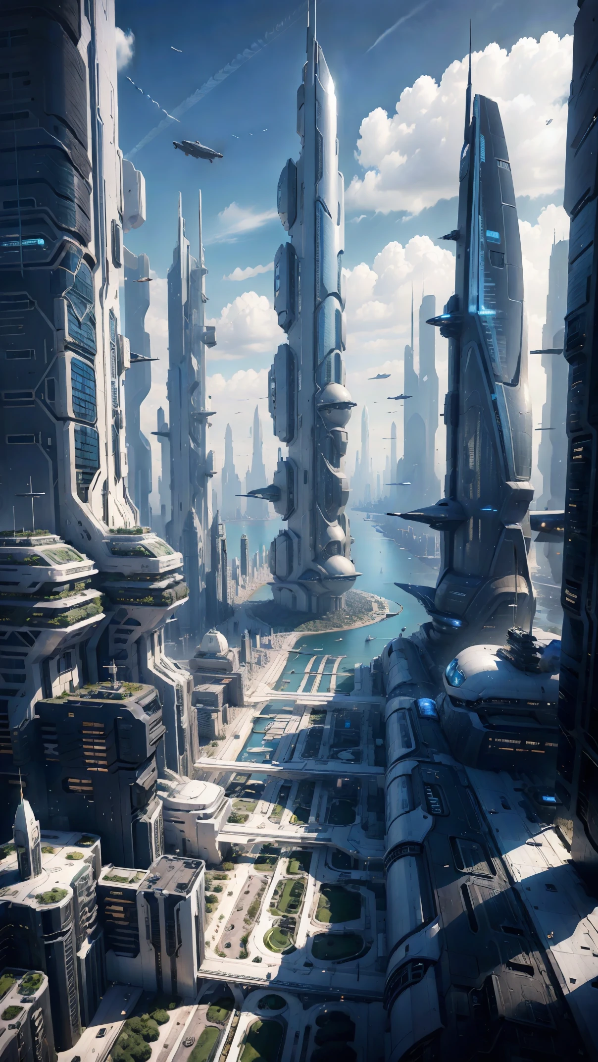 Future city seen from an airplane:1.5,Dynasty,port,flying spaceship,skyscraper,master piece,highest quality,ultra high resolution,(Super detailed:1.2),8K,photorealistic,best aesthetic,beautiful