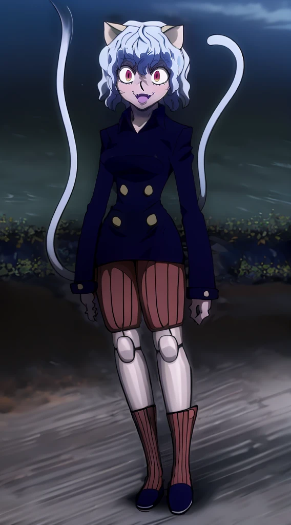 solo,open mouth,fangs,smile, Neferpitou,1girl,red eyes,cat ears, blue jacket,double-breasted, (nature:1.2),stading, full body, boots, huge breast, curvy, tall female,refsheet, cat tails,Neferpitou,1girl,red eyes,cat ears, blue jacket,double-breasted, (brown shorts:1.2),striped, brown socks,blue footwear, doll joints,(nature:1.2),solo,combat stance,lora:add_detail:1>,solo,open mouth,fangs,smile,