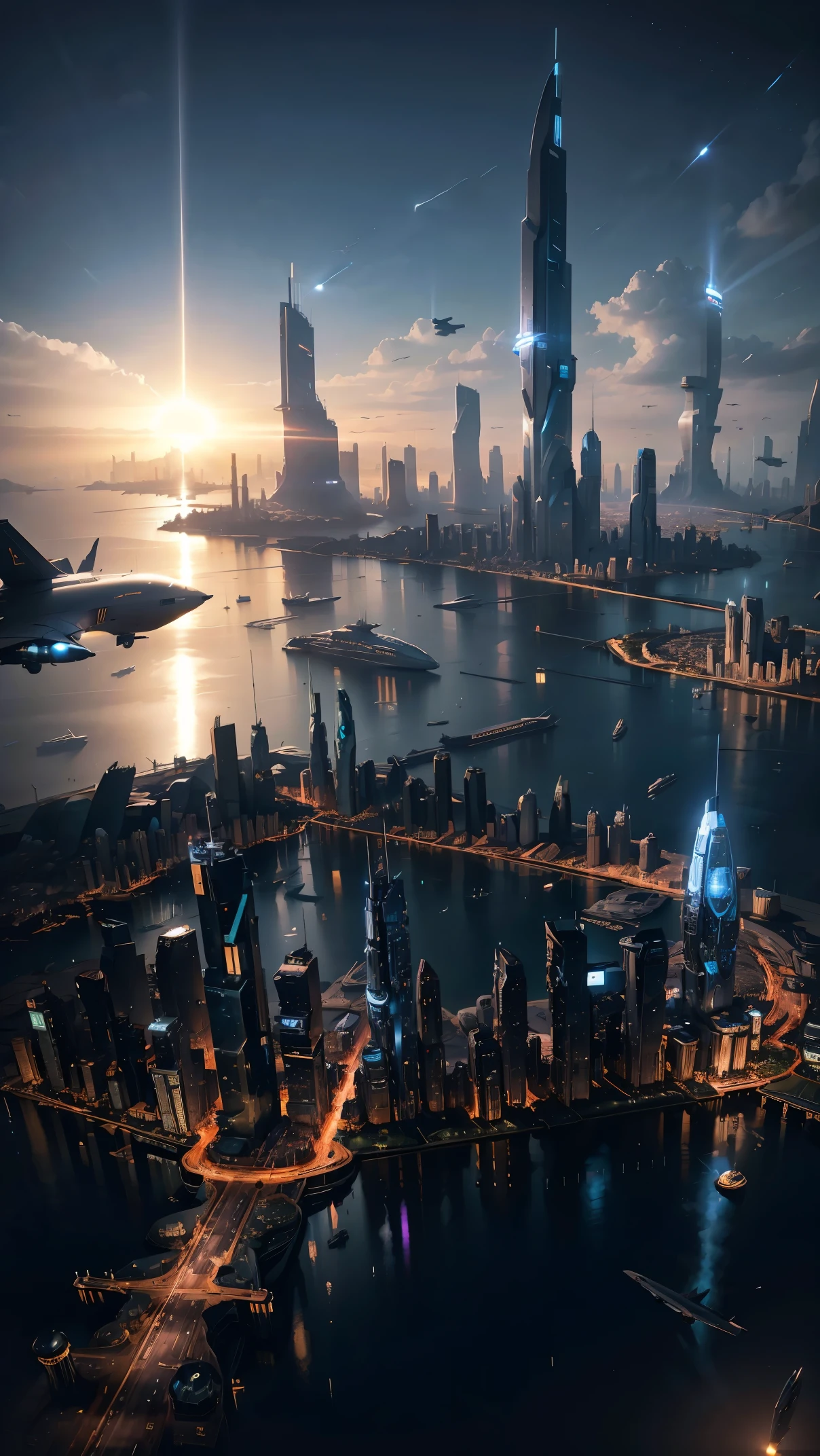 Future city seen from an airplane:1.5,night,sunny,port,flying spaceship,skyscraper,master piece,highest quality,ultra high resolution,(Super detailed:1.2),8K,photorealistic,best aesthetic,beautiful