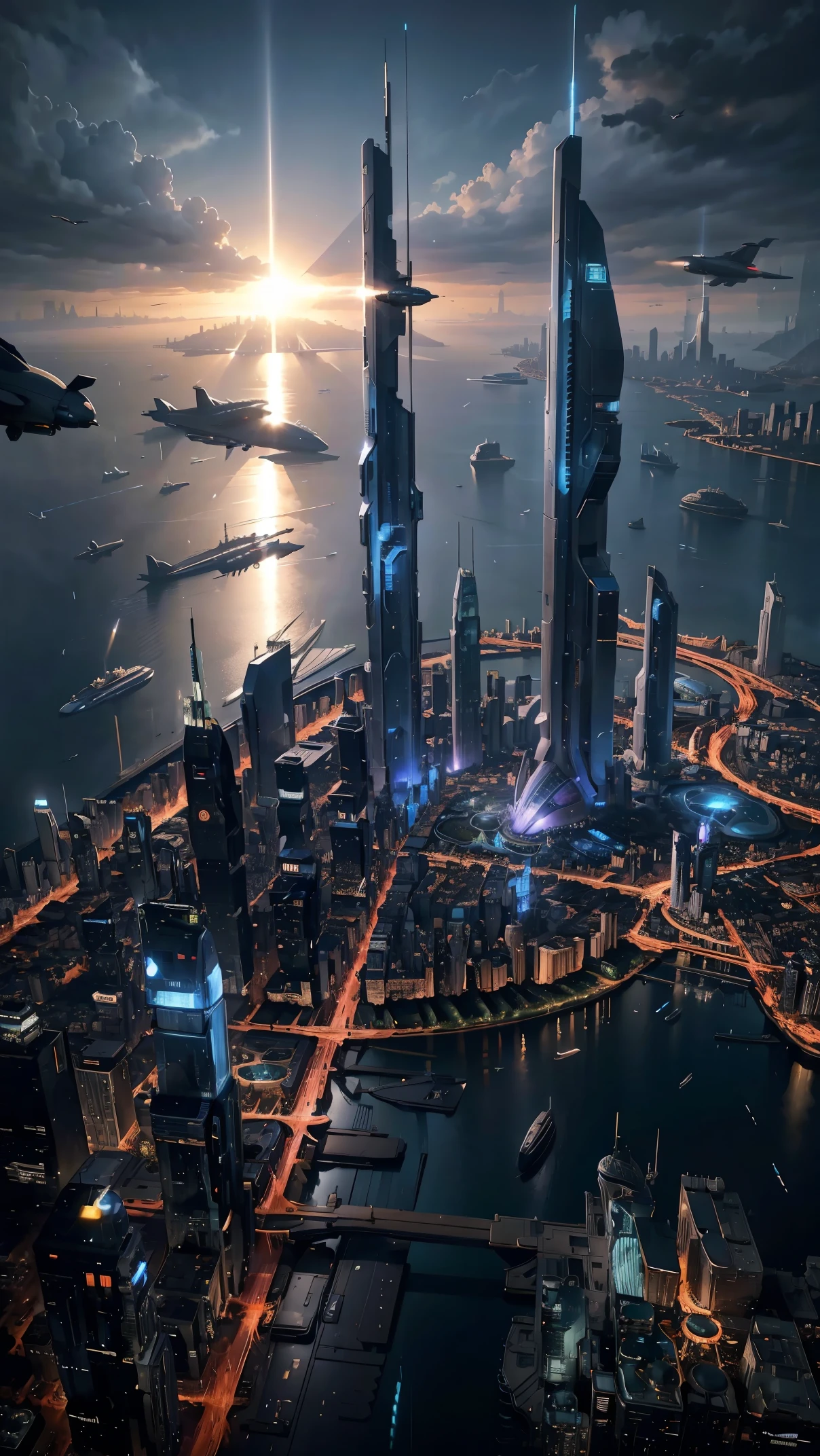 Future city seen from an airplane:1.5,night,sunny,port,flying spaceship,skyscraper,master piece,highest quality,ultra high resolution,(Super detailed:1.2),8K,photorealistic,best aesthetic,beautiful