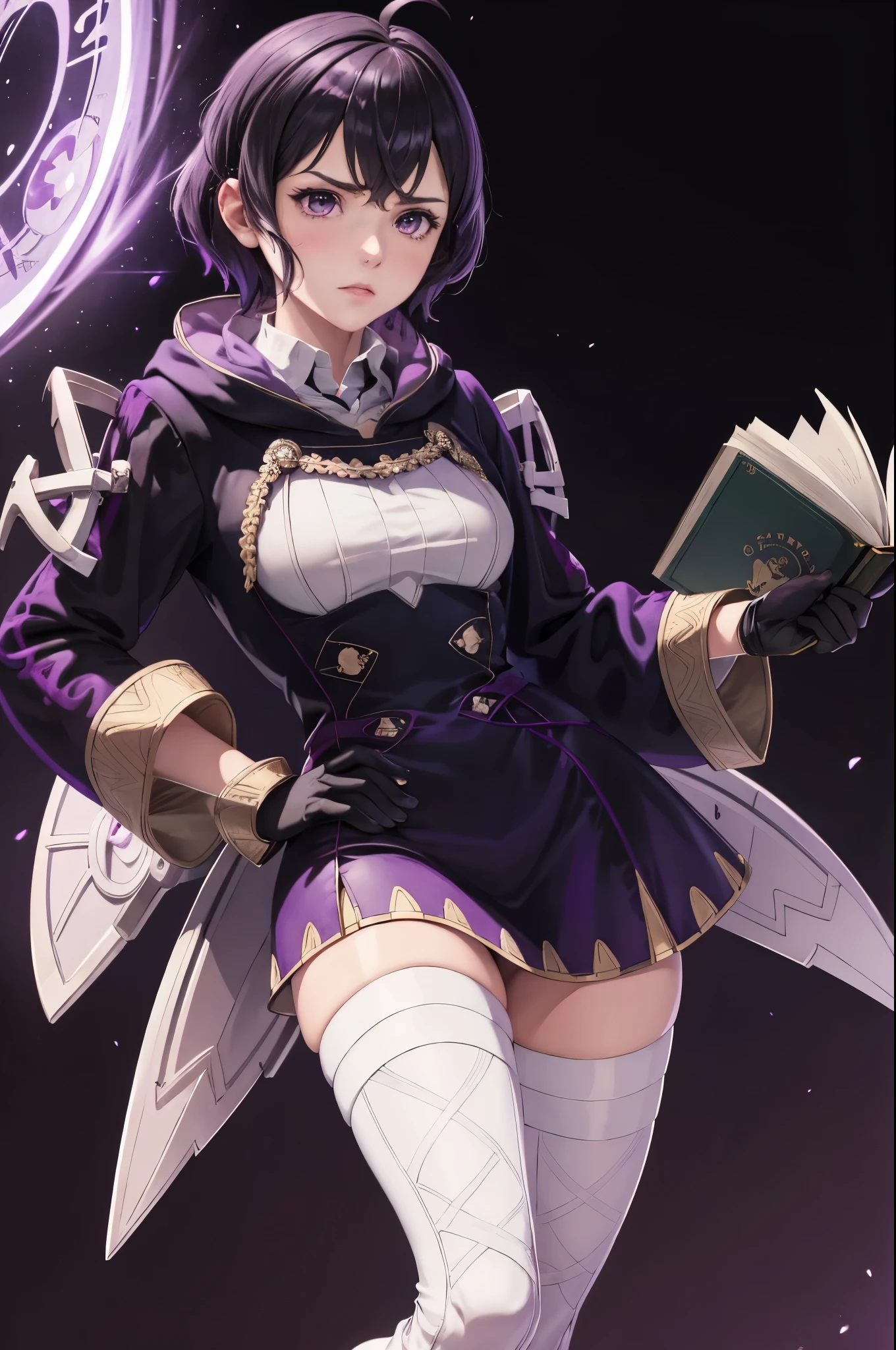 masterpiece, best quality, feMorgan, short dress, black gloves, white thighhighs, brown boots, standing, furrowed brow, holding a book, raised arm, casting magic, purple magic, holding book, FEH, whole body, black background,  background 